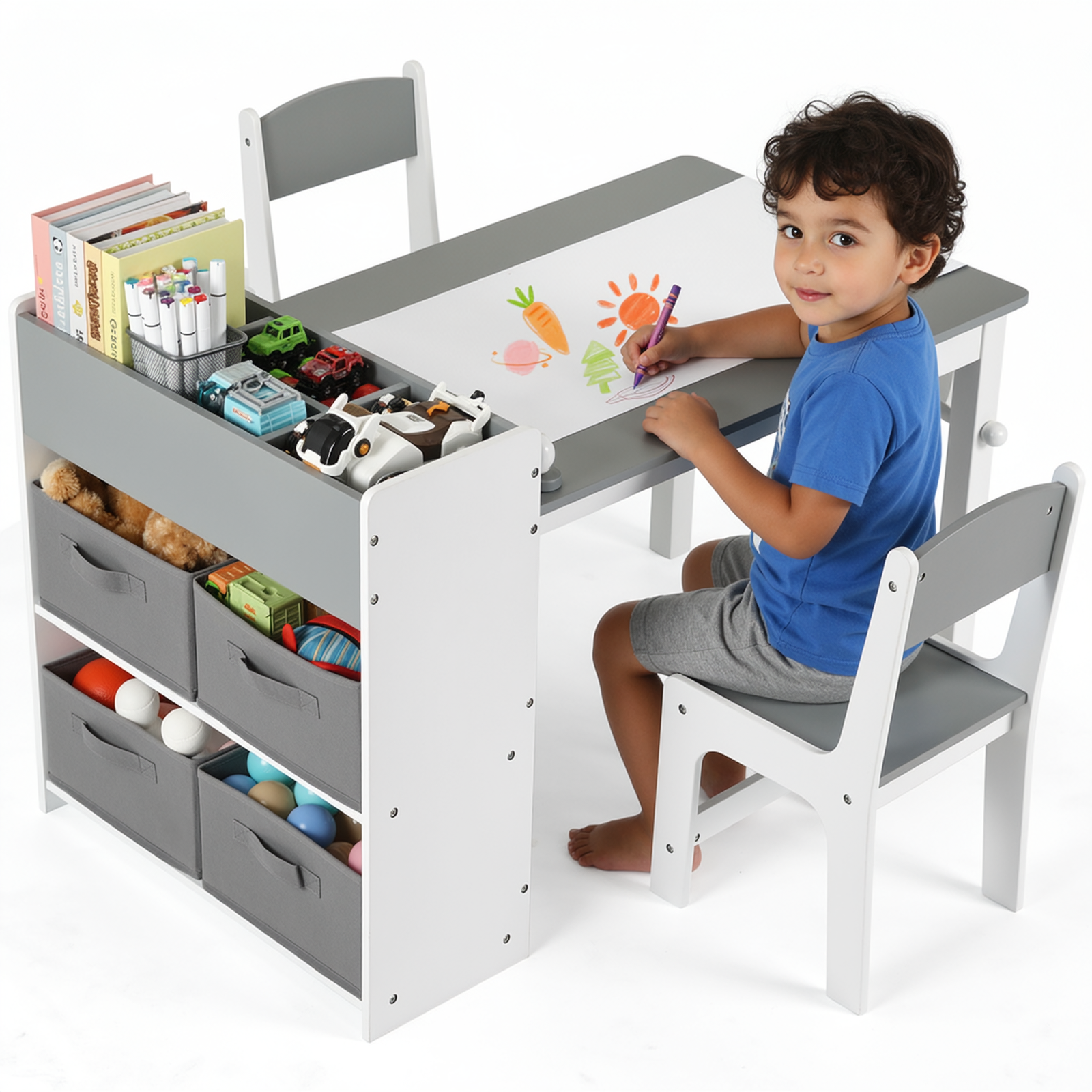 TLSUNNY Kids Art Table and 2 Chairs, Massive Storage, Toddler Craft Desk Set, w/ Paper Roll & 4 Storage Bins, Age 3+