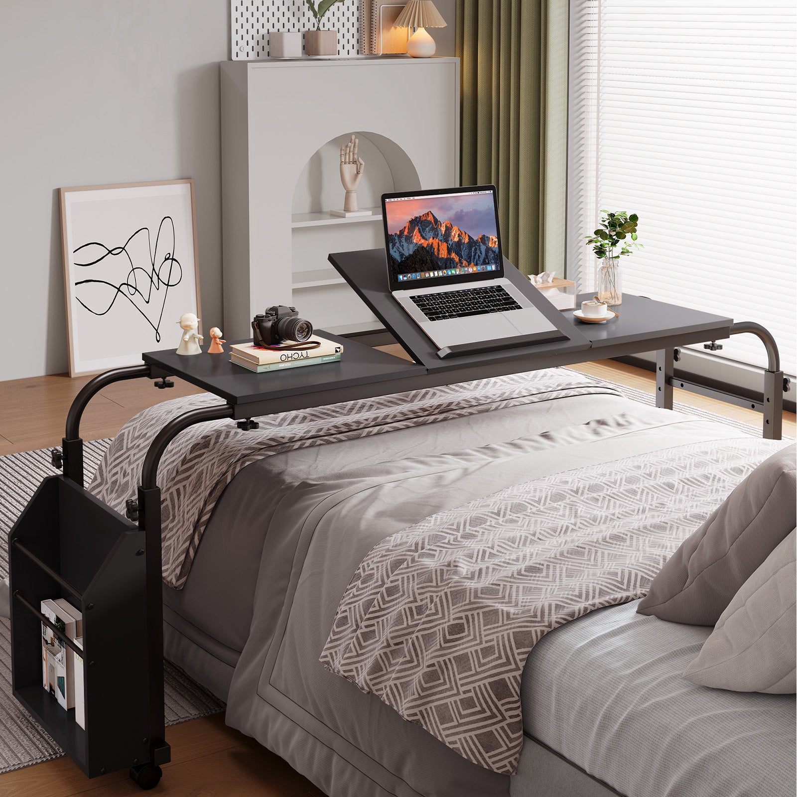 TLSUNNY Adjustable Overbed Table with Wheels, Height & Length Adjustable Laptop Cart w/ Tilt Stand, Side Storage Basket for King/Queen Beds