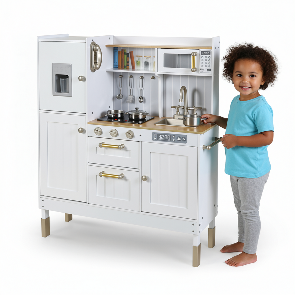 TLSUNNY Kids Play Kitchen, Wooden Kitchen Playset w/ Realistic Light & Sound and Cooking Accessories
