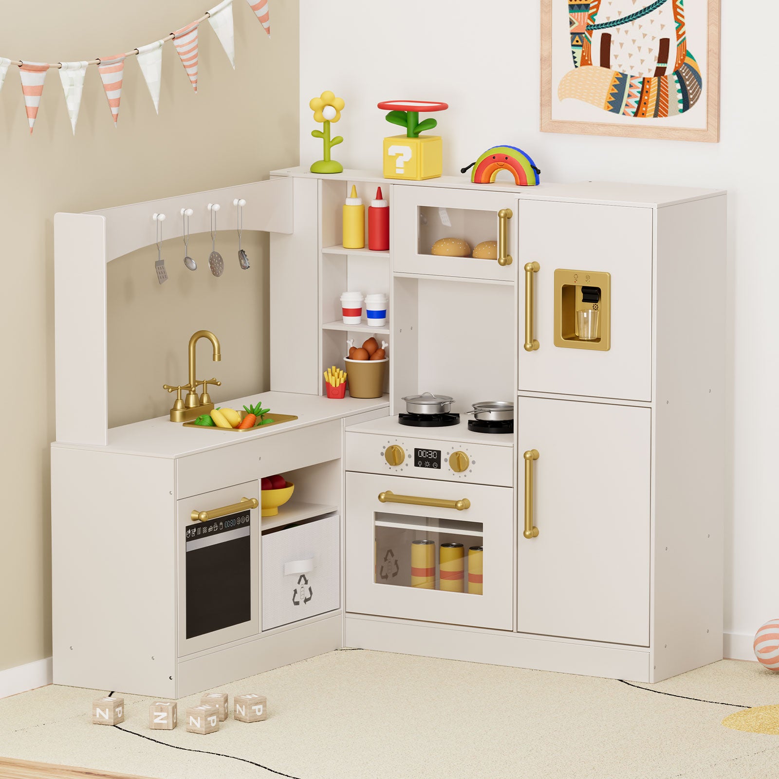TLSUNNY Corner Play Kitchen with Lights & Sounds, Sink, Fridge, Microwave & Storage, Wooden Toddler Toy for Ages 3+