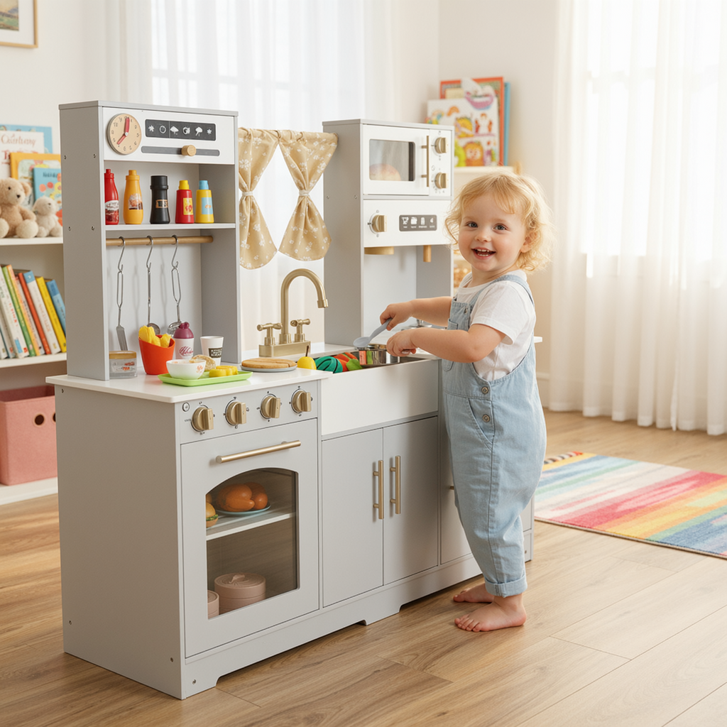 TLSUNNY Kids Play Kitchen with Realistic Lights & Sounds, Wooden Toy Pretend Play Kitchen Set w/ Sink, Faucet, Microwave, Curtain for Ages 3+