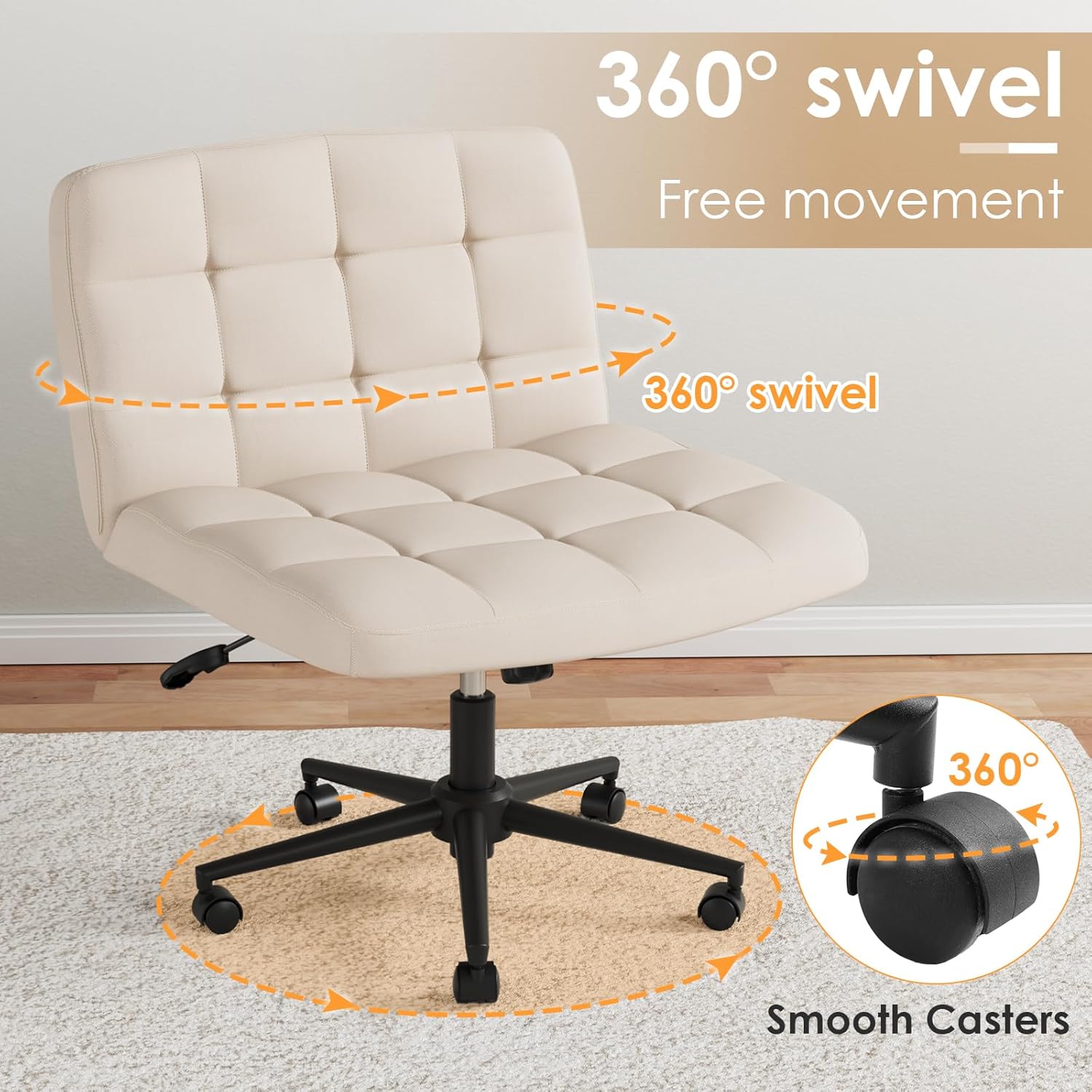 TLSUNNY 360° Swivel Height Adjustable Armless Chair, w/ Wheels and Comfy Wide Cushion, Criss Cross Office Chair, for Home/Bedroom