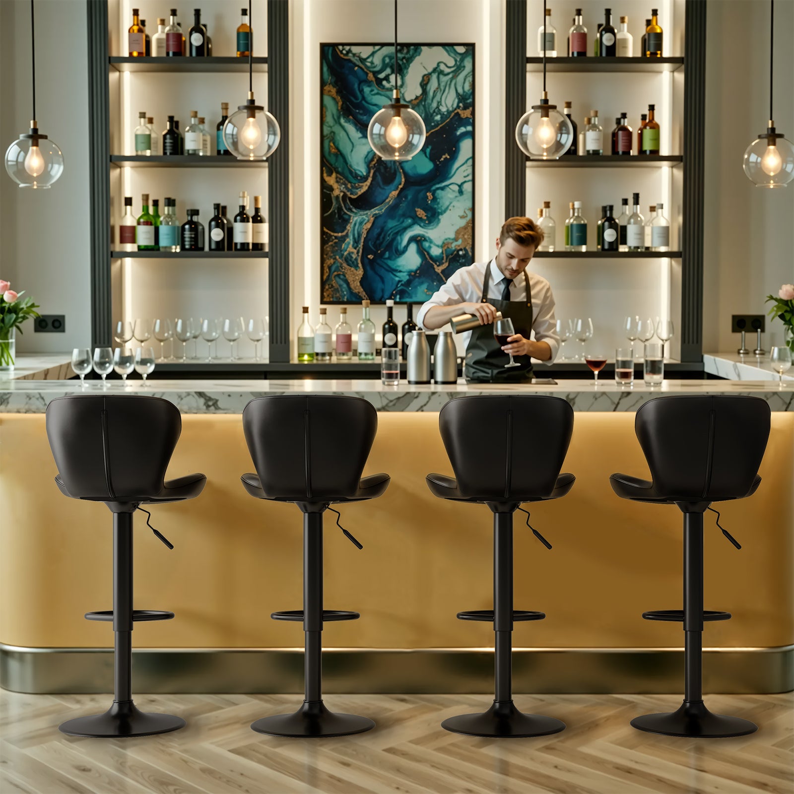 TLSUNNY Modern Upholstered Barstools Set of 2/4, Adjustable Height Counter Stools, PU Leather Swivel Barstools with Metal Frame, for Dining/Cafes