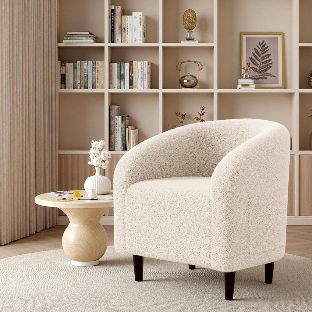 TLSUNNY Upholstered Club Chair Accent Barrel Chair, Teddy Fabric Upholstered Armchair with Side Pocket for Living Room/Bedroom