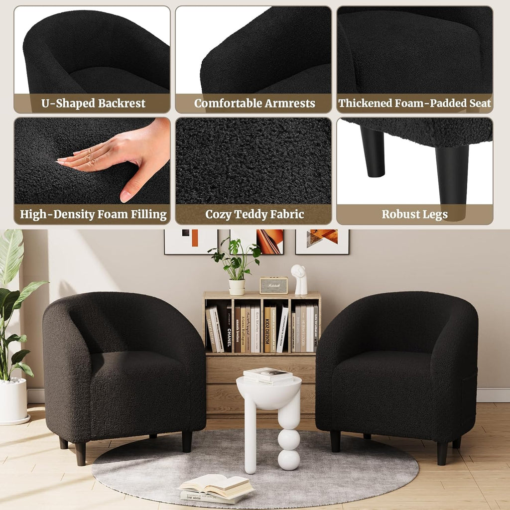TLSUNNY Upholstered Club Chair Accent Barrel Chair, Teddy Fabric Upholstered Armchair with Side Pocket for Living Room/Bedroom