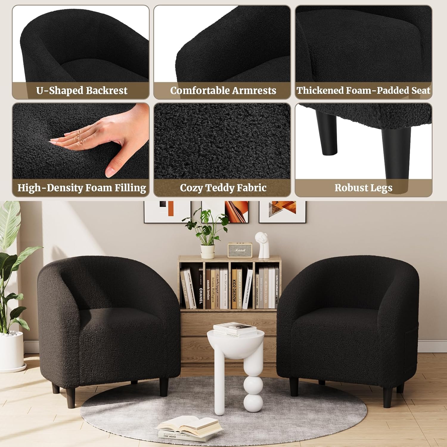 TLSUNNY Upholstered Club Chair Accent Barrel Chair, Teddy Fabric Upholstered Armchair with Side Pocket for Living Room/Bedroom