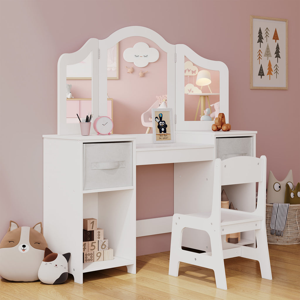 TLSUNNY Kids Vanity Set, Toddler Princess Makeup Desk & Stool Set w/ Tri-Fold Mirror Storage Drawers, for Girls