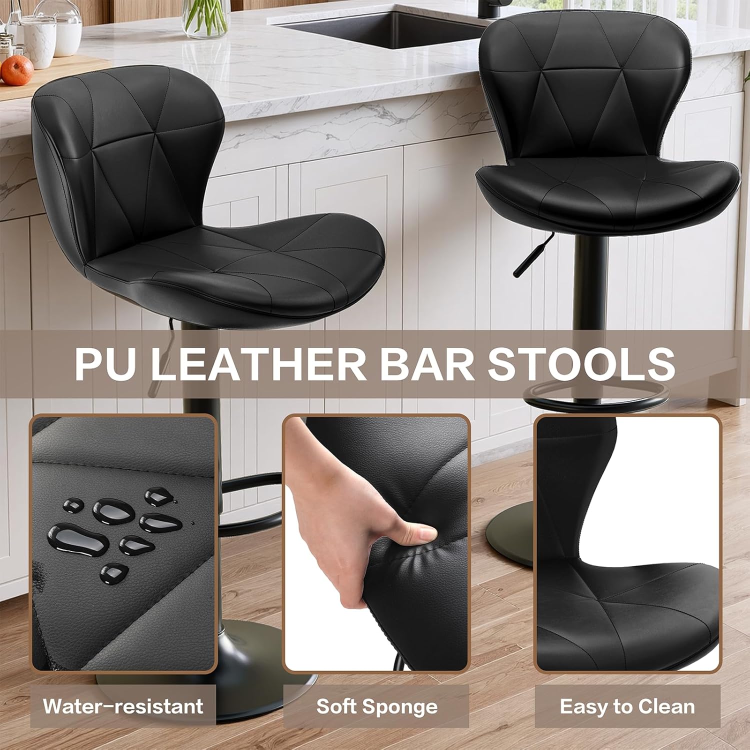 TLSUNNY Modern Upholstered Barstools Set of 2/4, Adjustable Height Counter Stools, PU Leather Swivel Barstools with Metal Frame, for Dining/Cafes