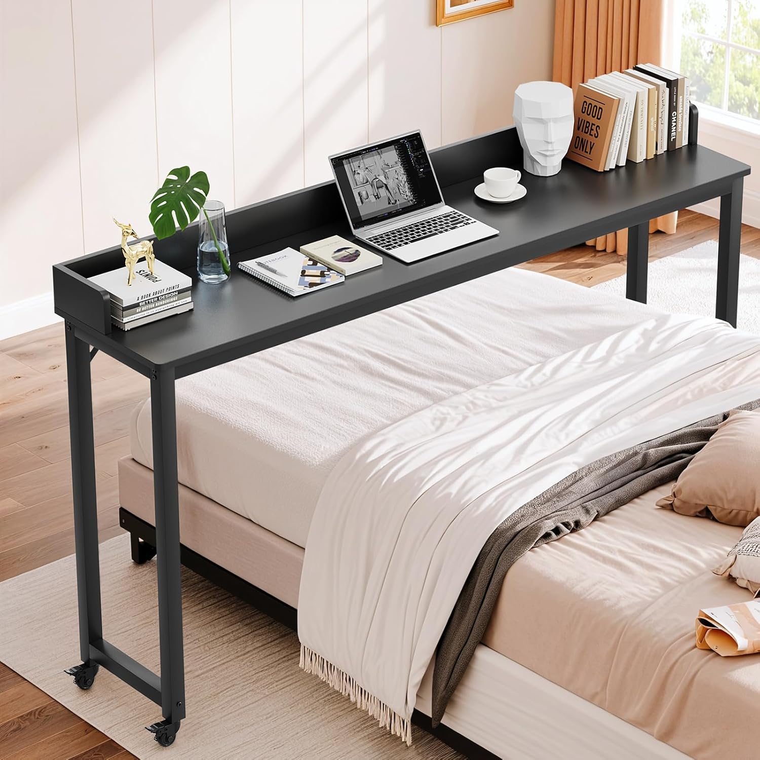 TLSUNNY Rolling Overbed Table for Queen/Full Size Bed, 70.8" Mobile Computer Desk for Hospital Bed & Home Office