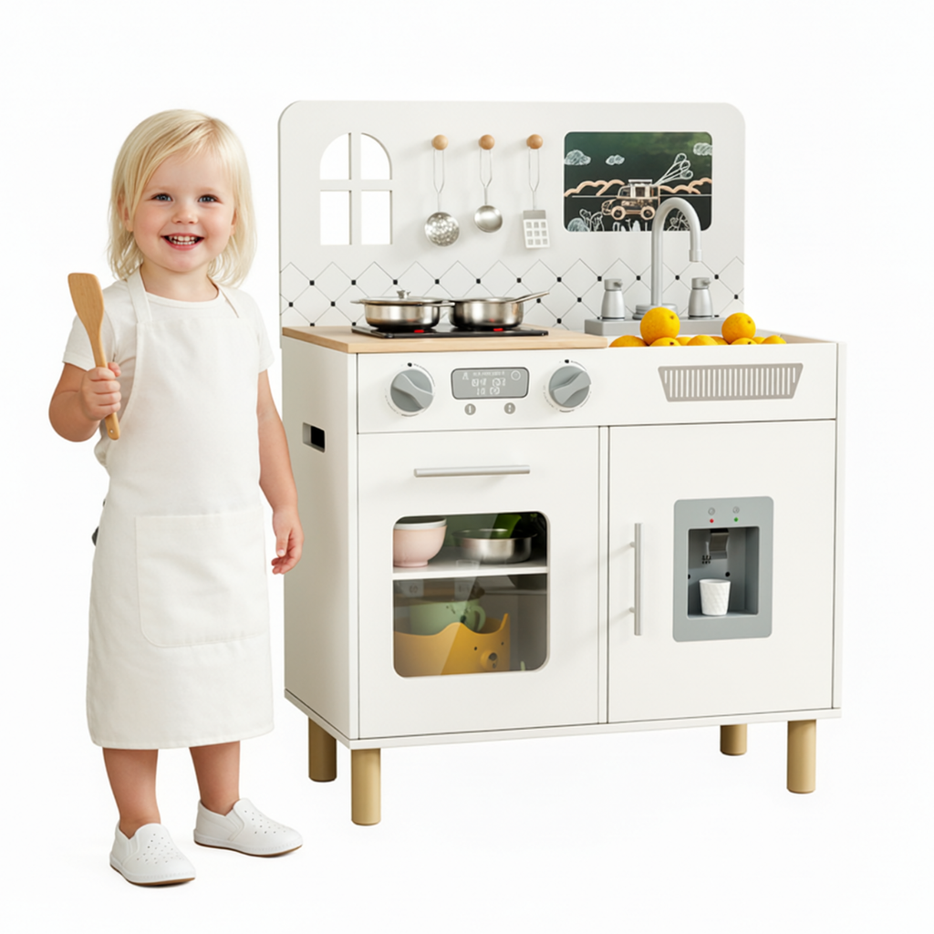 TLSUNNY Kids Play Kitchen Set, w/ Realistic Lights & Knob Sounds, Wooden Play Kitchen with Water Dispenser & Chalkboard for Age 3+