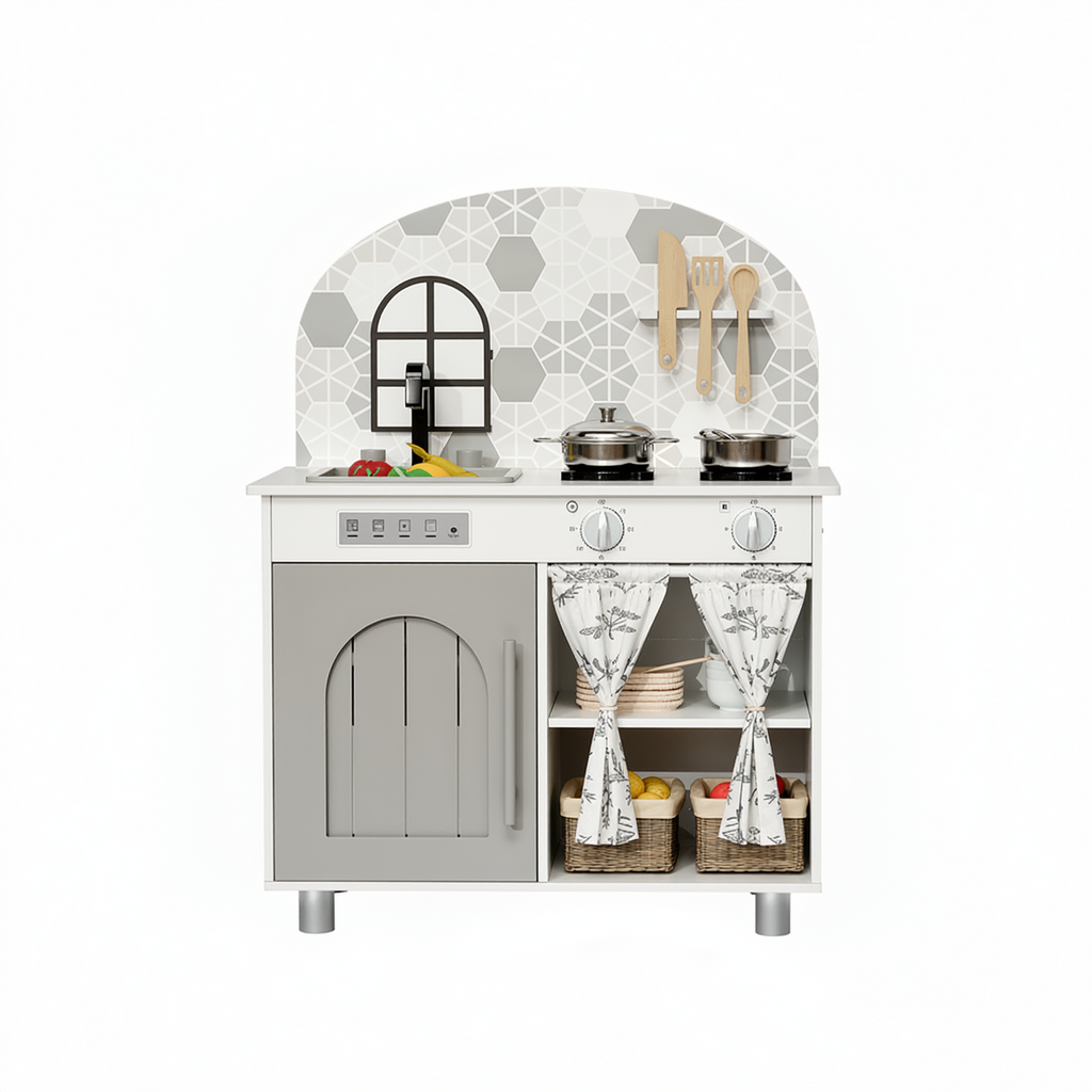 TLSUNNY Kids Play Kitchen, Wooden Kitchen Playset with Sink, Stove, Cooking Accessories, Educational Gift for Ages 3+
