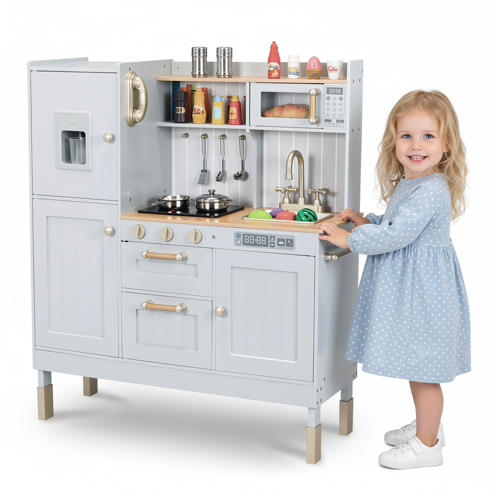 TLSUNNY Kids Play Kitchen, Wooden Kitchen Playset w/ Realistic Light & Sound and Cooking Accessories