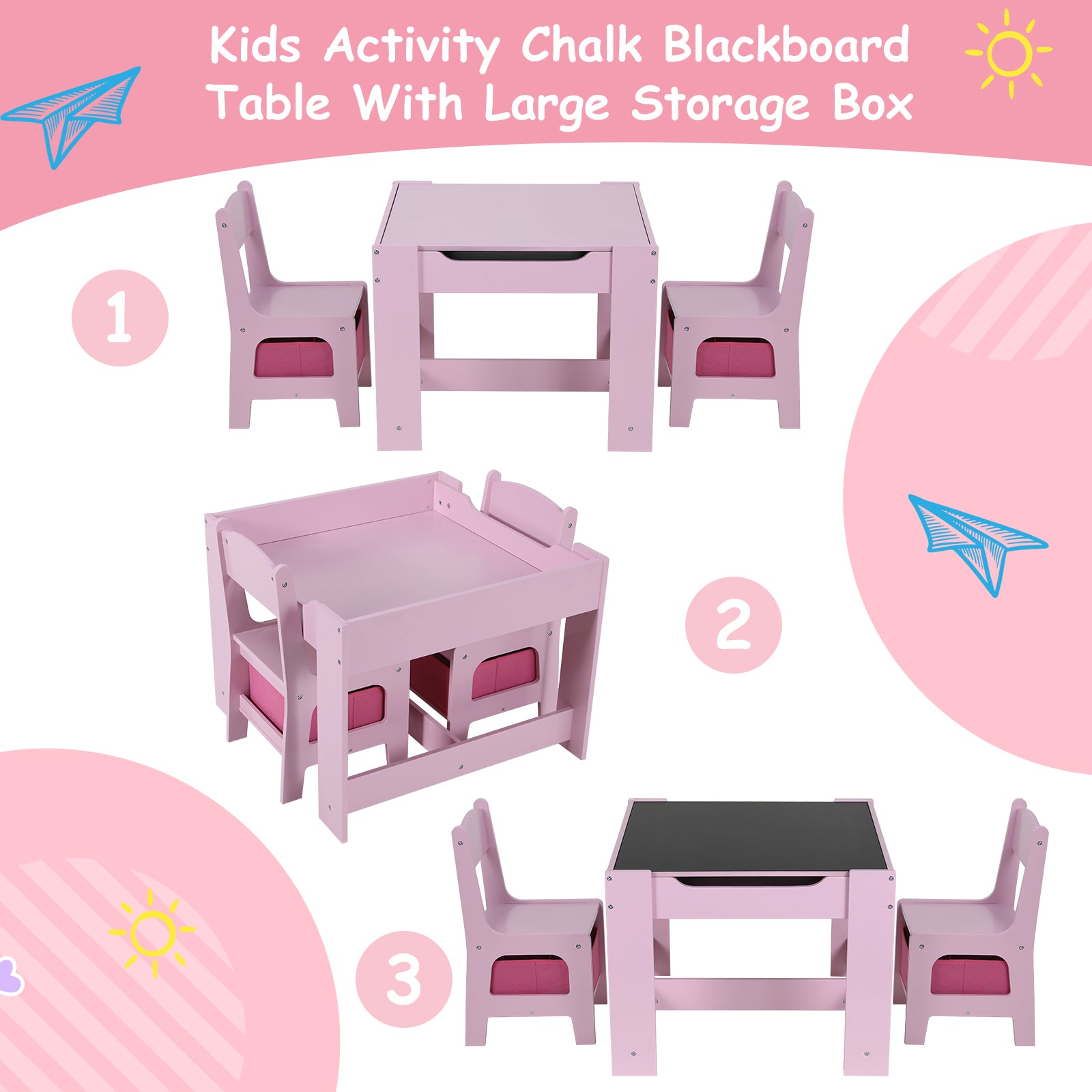 TLSUNNY Kids Table and 2 Chairs, 4-in-1 Toddler Activity Set with Blackboard, Reversible Desk & Storage Organization, for Age 3 +