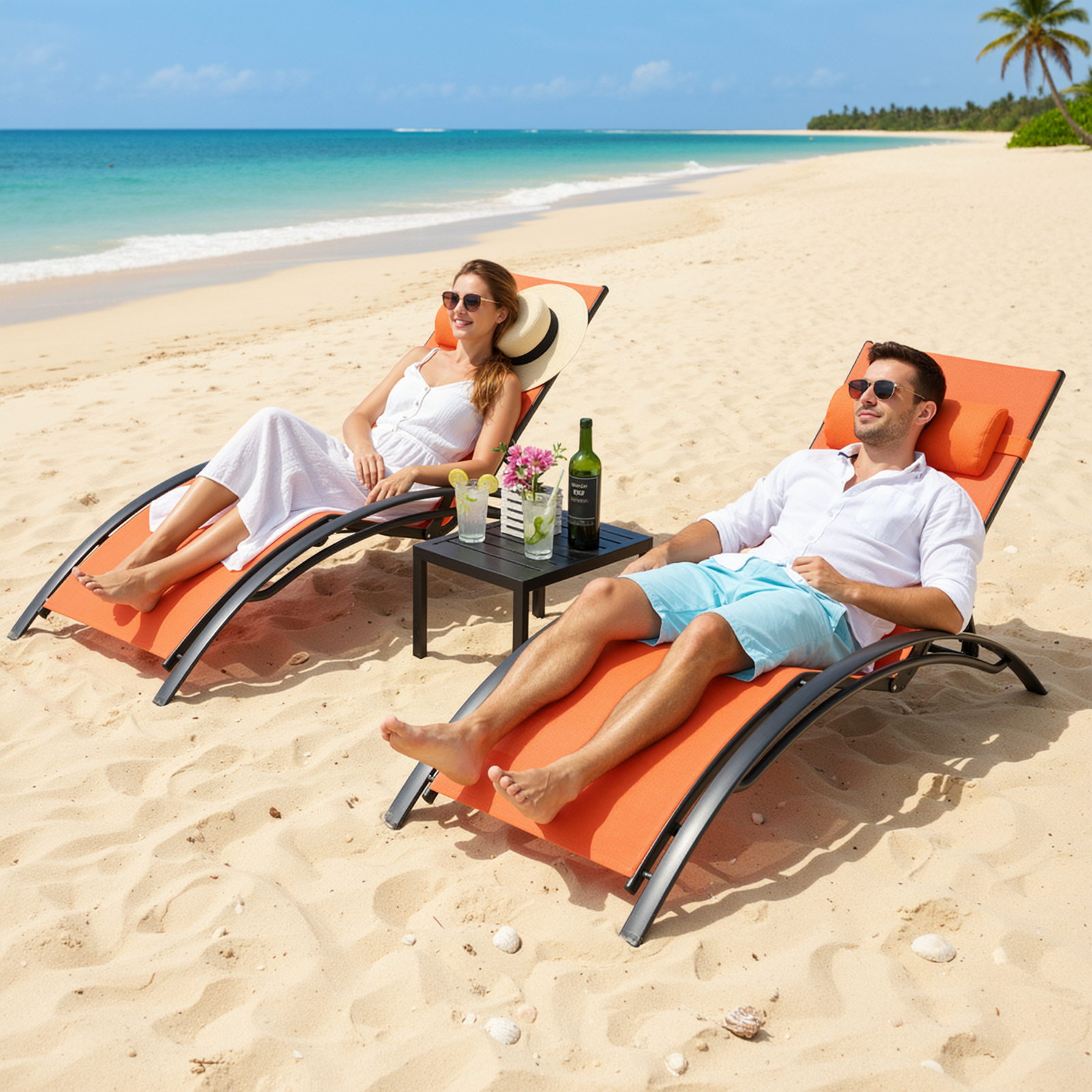 TLSUNNY Outdoor Lounge Set of 3, Aluminum Frame 2 Recliner Chairs & 1 Side Table with Adjustable Backrest and Removable Headrest, for Backyard, Pool, Patio Tanning