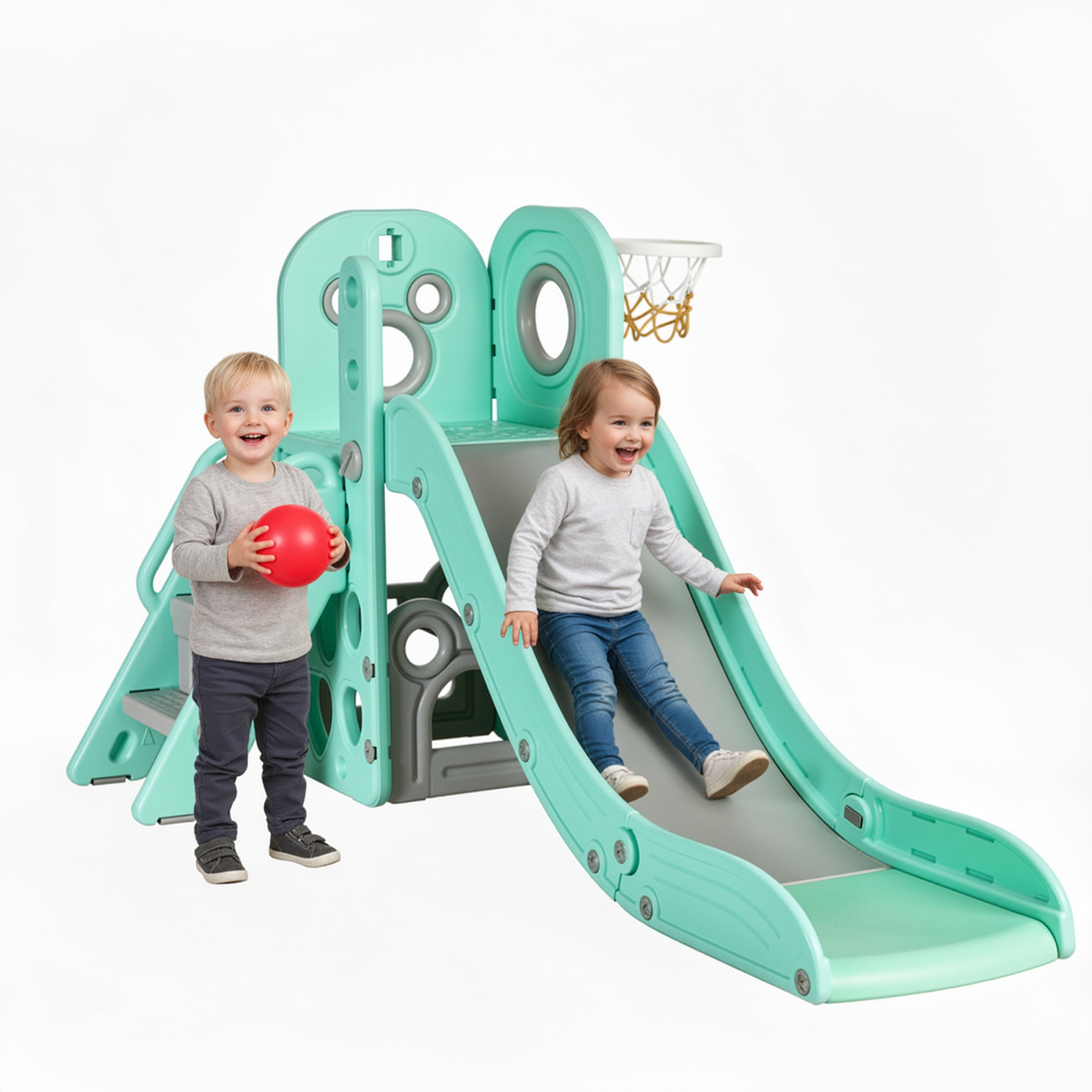 TLSUNNY Toddler Slide Playset, Stair Slides for Kids with Basketball Hoop, Non-Slip Steps & Storage Space, for Backyard, Nursey, Playgroud