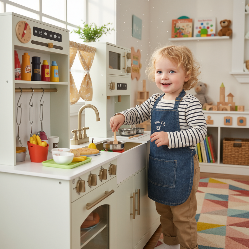 TLSUNNY Kids Play Kitchen with Realistic Lights & Sounds, Wooden Toy Pretend Play Kitchen Set w/ Sink, Faucet, Microwave, Curtain for Ages 3+