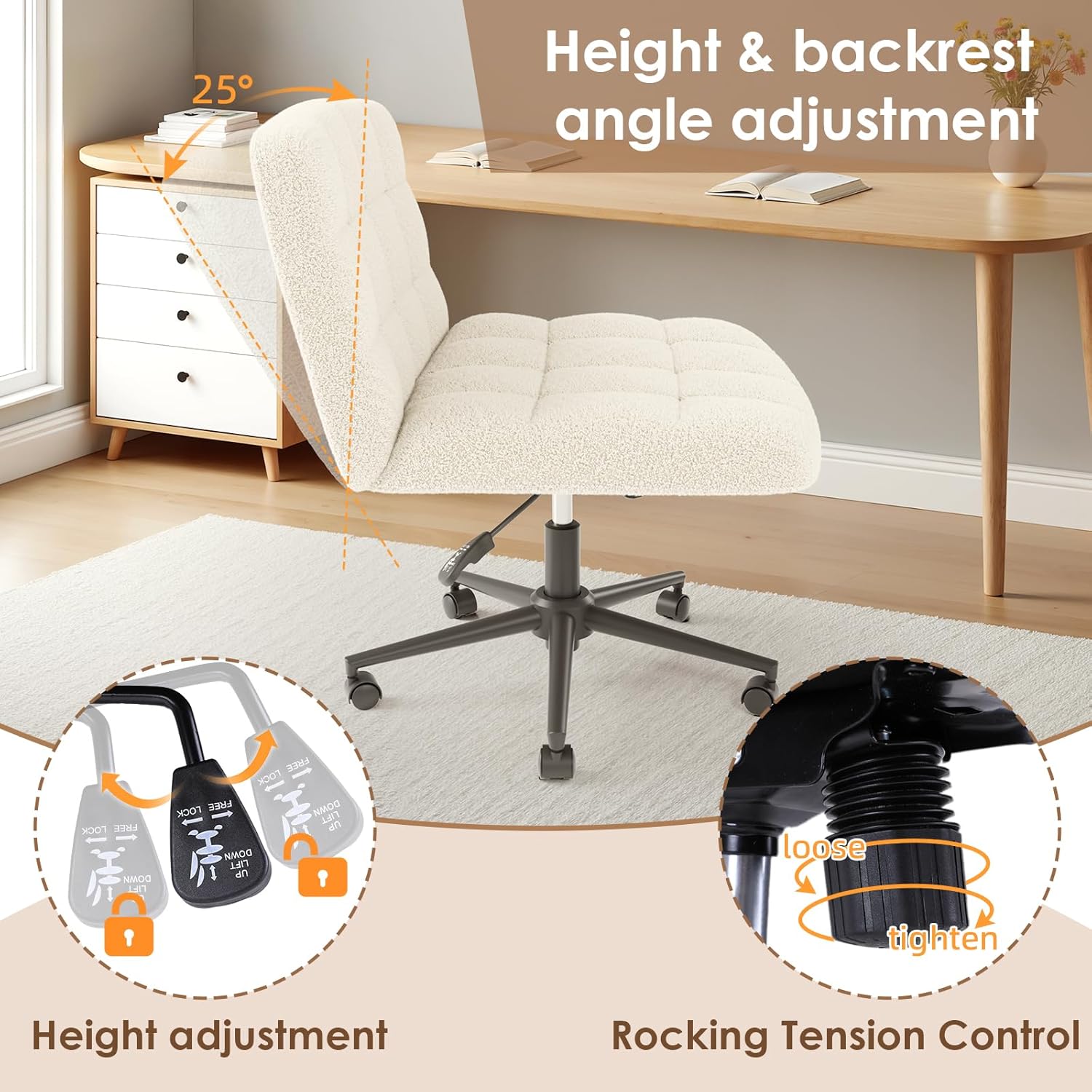 TLSUNNY 360° Swivel Height Adjustable Armless Chair, w/ Wheels and Comfy Wide Cushion, Criss Cross Office Chair, for Home/Bedroom