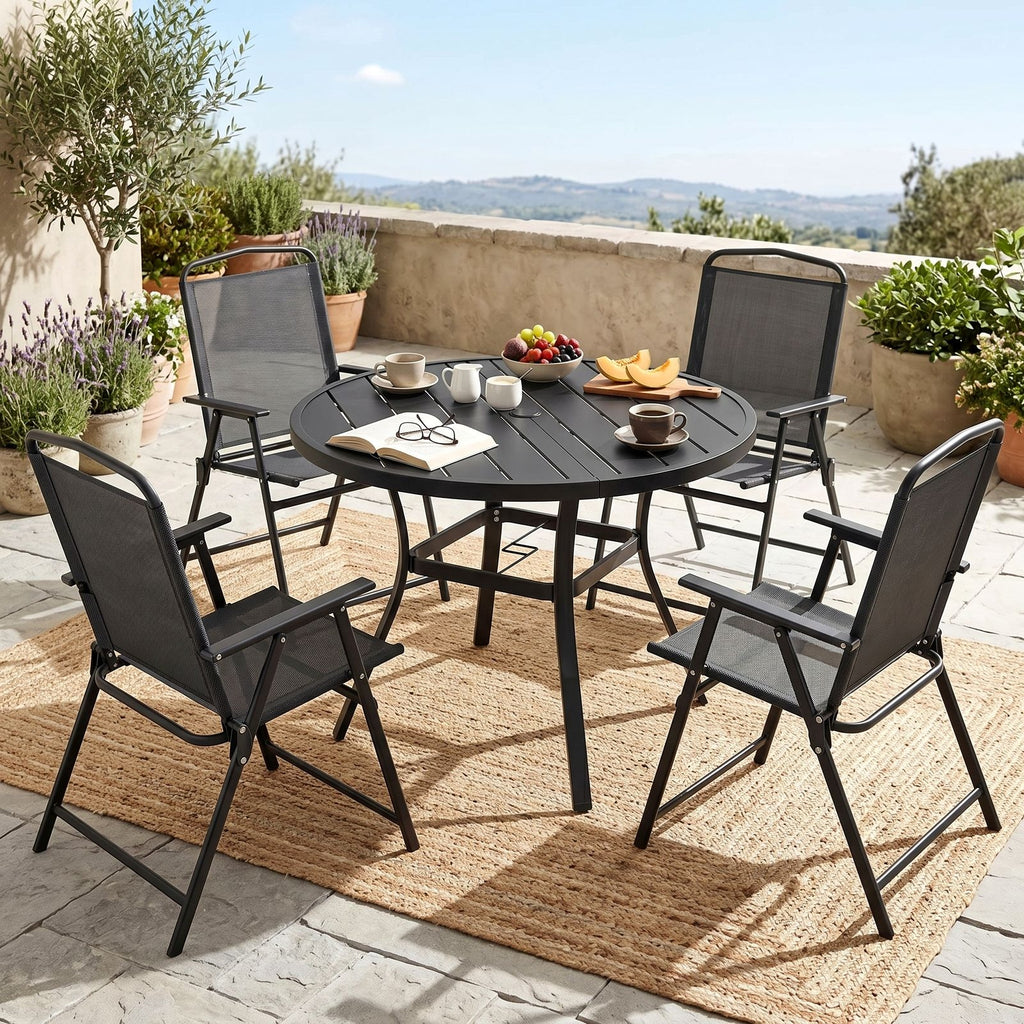 TLSUNNY Patio Dining Set, Folding Chairs and Round Table W/ Umbrella Hole Outdoor Dining Furniture for Bistro, Garden, Backyard, Deck