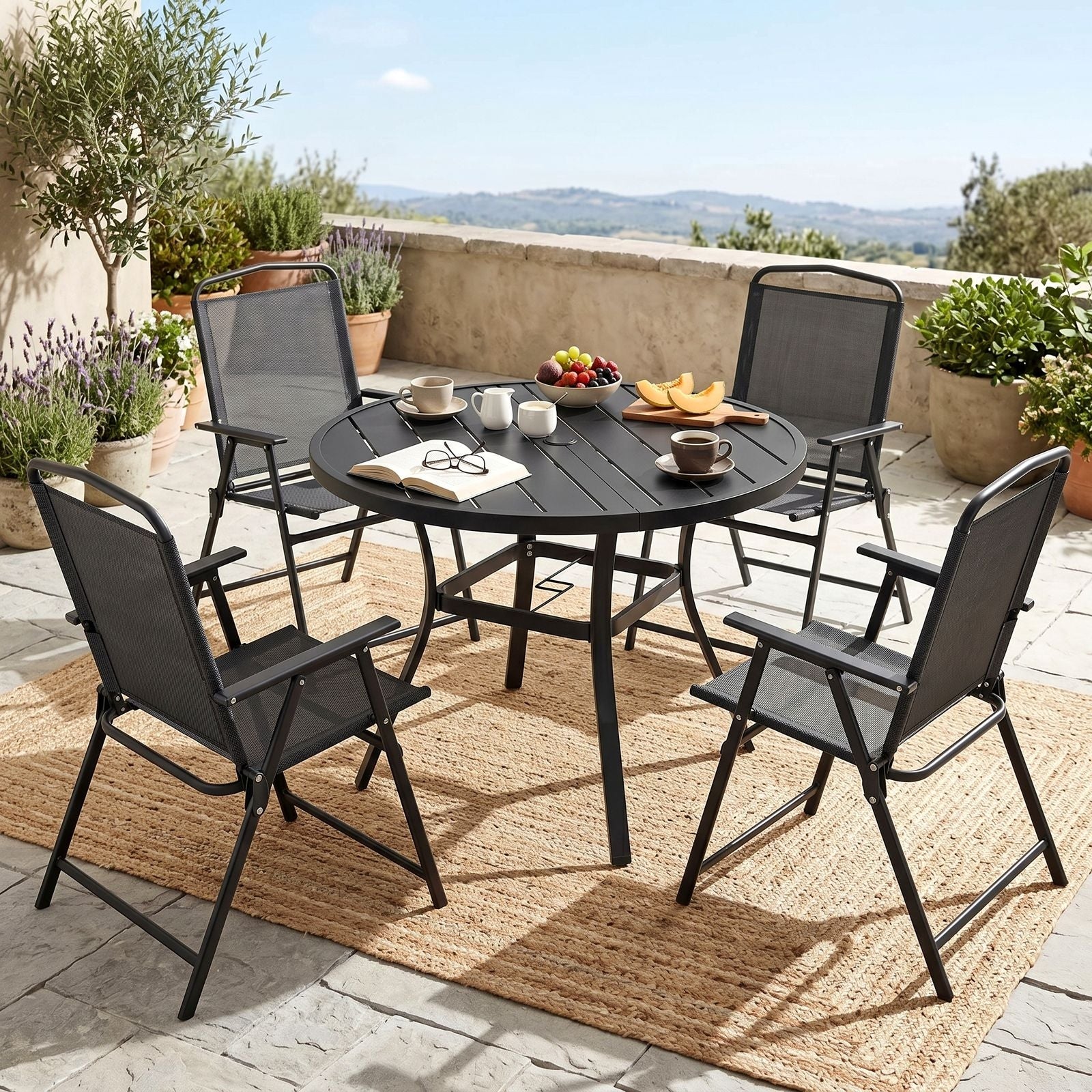 TLSUNNY Patio Dining Set, Folding Chairs and Round Table W/ Umbrella Hole Outdoor Dining Furniture for Bistro, Garden, Backyard, Deck