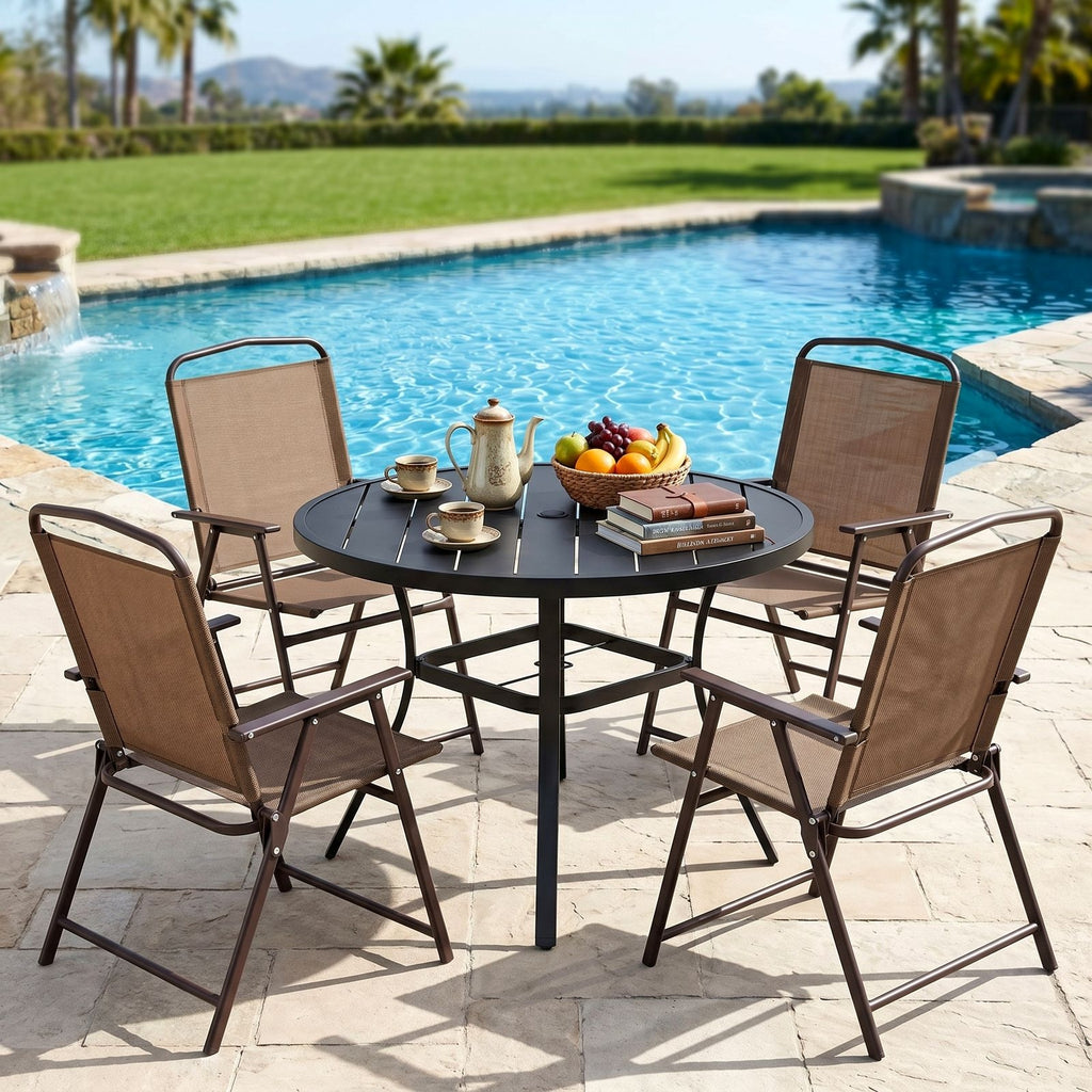 TLSUNNY Patio Dining Set, Folding Chairs and Round Table W/ Umbrella Hole Outdoor Dining Furniture for Bistro, Garden, Backyard, Deck