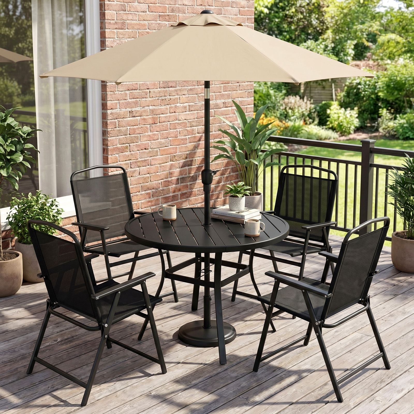 TLSUNNY Patio Dining Set, Folding Chairs and Round Table W/ Umbrella Hole Outdoor Dining Furniture for Bistro, Garden, Backyard, Deck