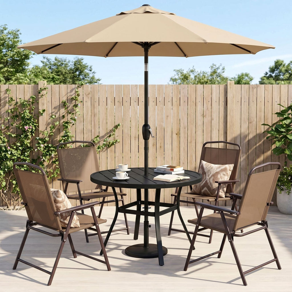 TLSUNNY Patio Dining Set, Folding Chairs and Round Table W/ Umbrella Hole Outdoor Dining Furniture for Bistro, Garden, Backyard, Deck