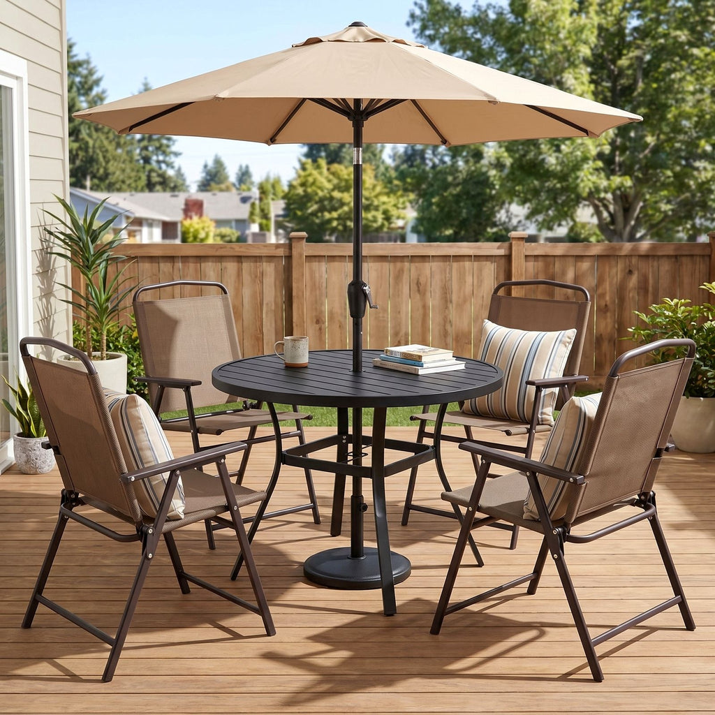 TLSUNNY Patio Dining Set, Folding Chairs and Round Table W/ Umbrella Hole Outdoor Dining Furniture for Bistro, Garden, Backyard, Deck