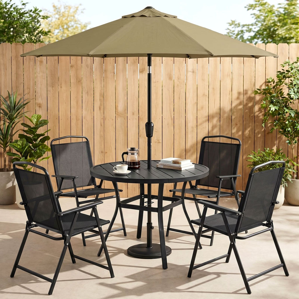 TLSUNNY Patio Dining Set, Folding Chairs and Round Table W/ Umbrella Hole Outdoor Dining Furniture for Bistro, Garden, Backyard, Deck