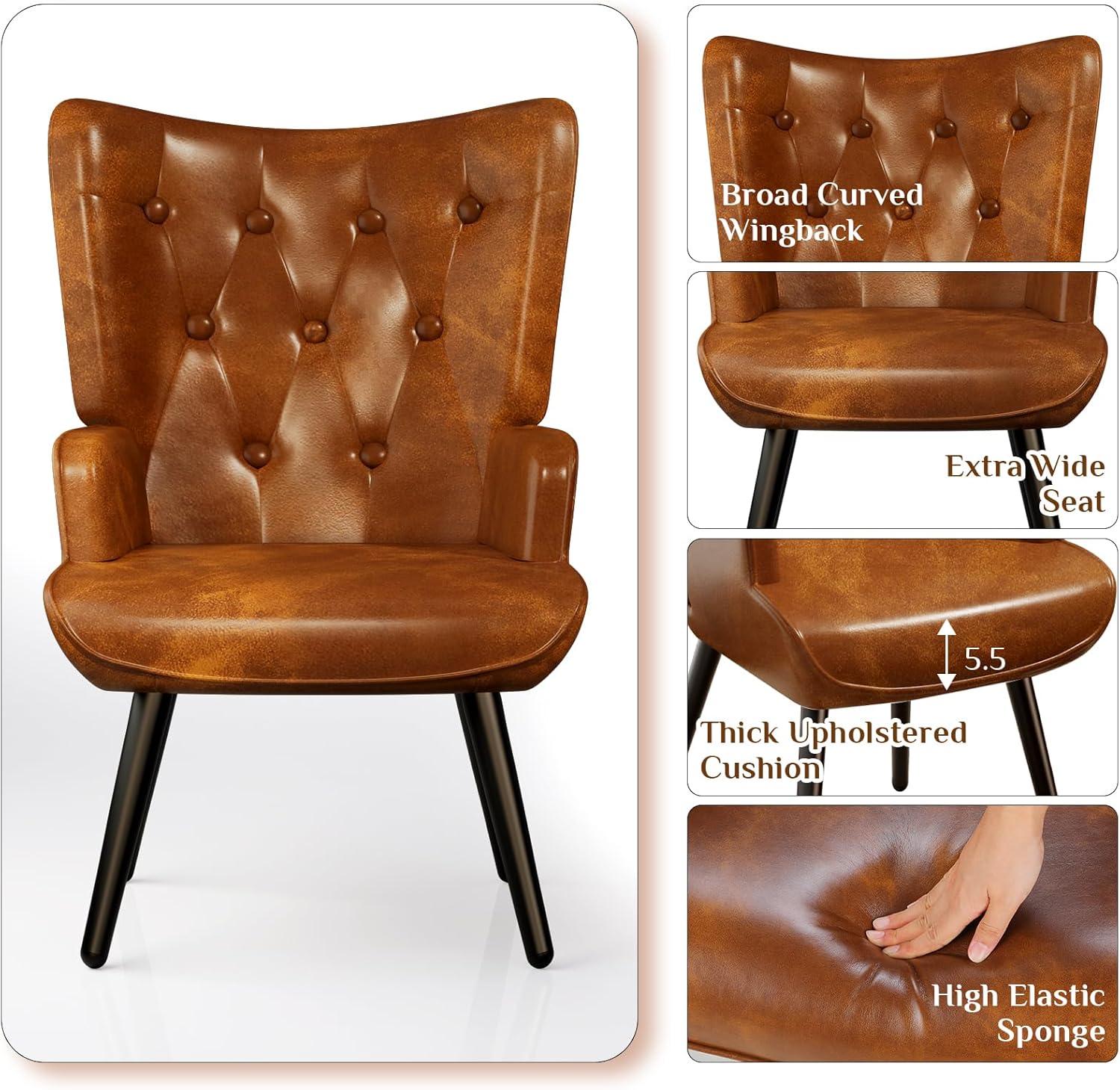 TLSUNNY Accent Chair, Comfy Upholstered Armchair with Metal Legs, High Backrest Living Room Chair, Wingback Chair Mid Century Modern for Living Room/Vanity/Bedroom