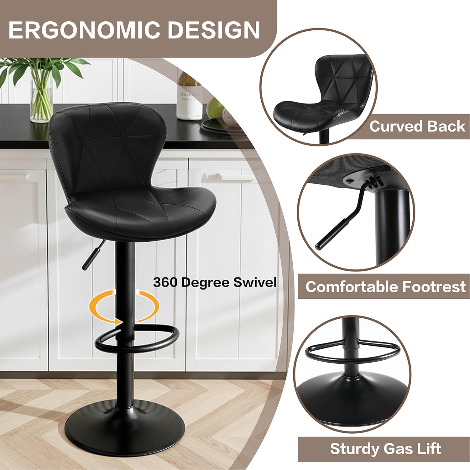 TLSUNNY Modern Upholstered Barstools Set of 2/4, Adjustable Height Counter Stools, PU Leather Swivel Barstools with Metal Frame, for Dining/Cafes