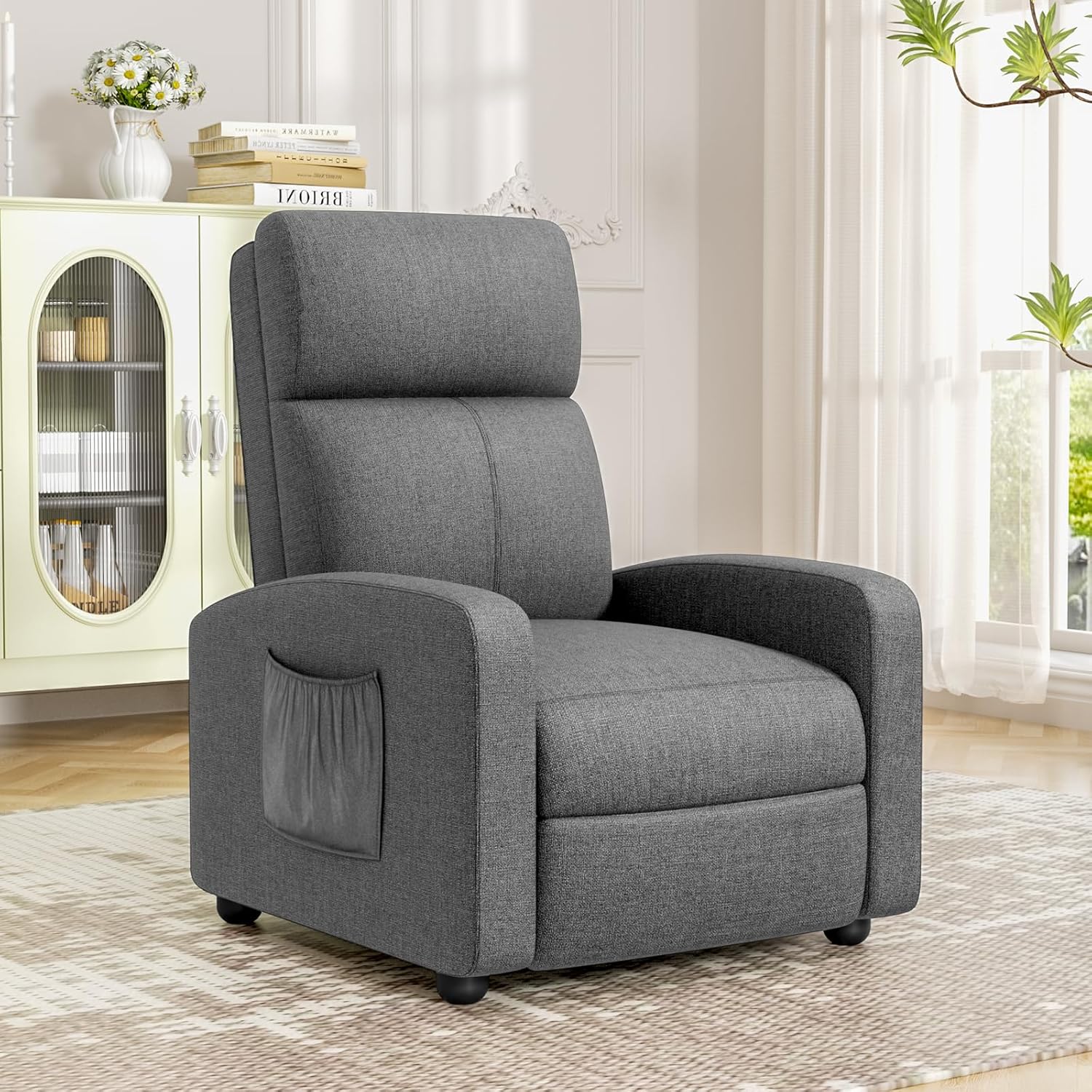 TLSUNNY Fabric Recliner Chair with Side Pocket, Thick Cushion Adjustable Lounger, Modern Home Theater Seating for Bedroom, Living Room