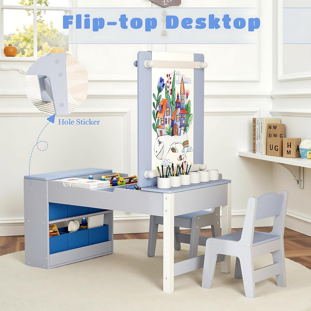 TLSUNNY Kids Art Table and 2 Chairs Set, Toddlers Craft Table Set with Storage Bins, Paint Cups and Paper Roll, Activity Table Set for Age 3+