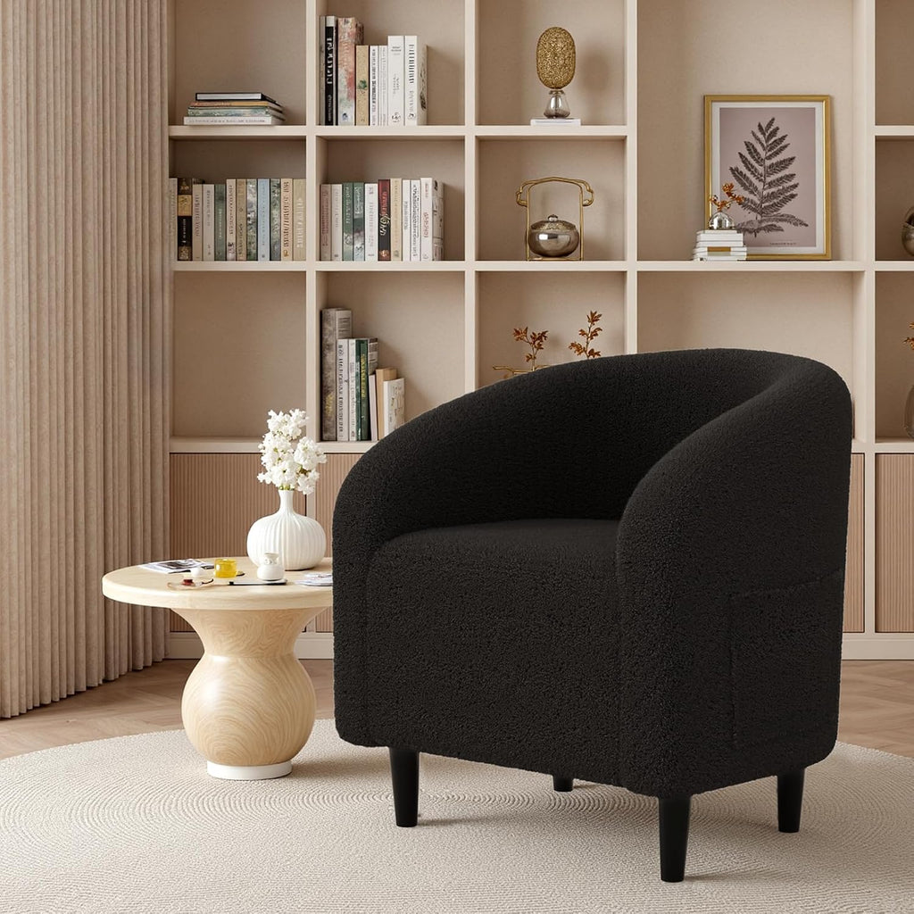 TLSUNNY Upholstered Club Chair Accent Barrel Chair, Teddy Fabric Upholstered Armchair with Side Pocket for Living Room/Bedroom