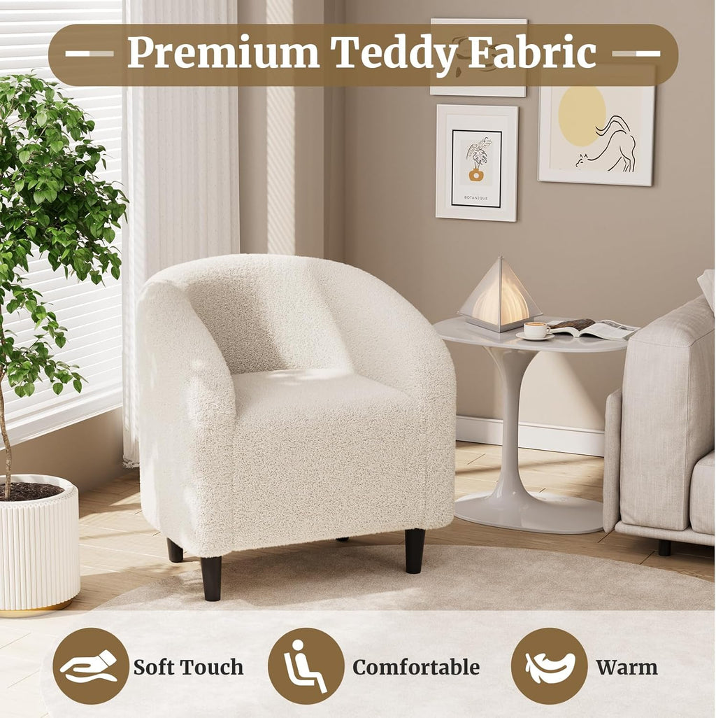 TLSUNNY Upholstered Club Chair Accent Barrel Chair, Teddy Fabric Upholstered Armchair with Side Pocket for Living Room/Bedroom