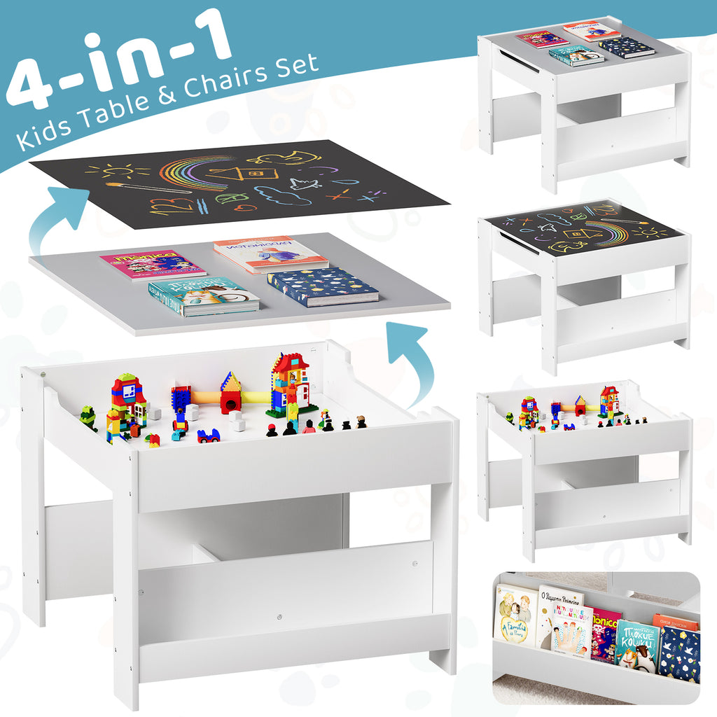 TLSUNNY Kids Table and Chairs Set, 4-in-1 Toddler Activity Art Table with Bookshelf Storage & Reversible Top, for Drawing, Playing, Learning