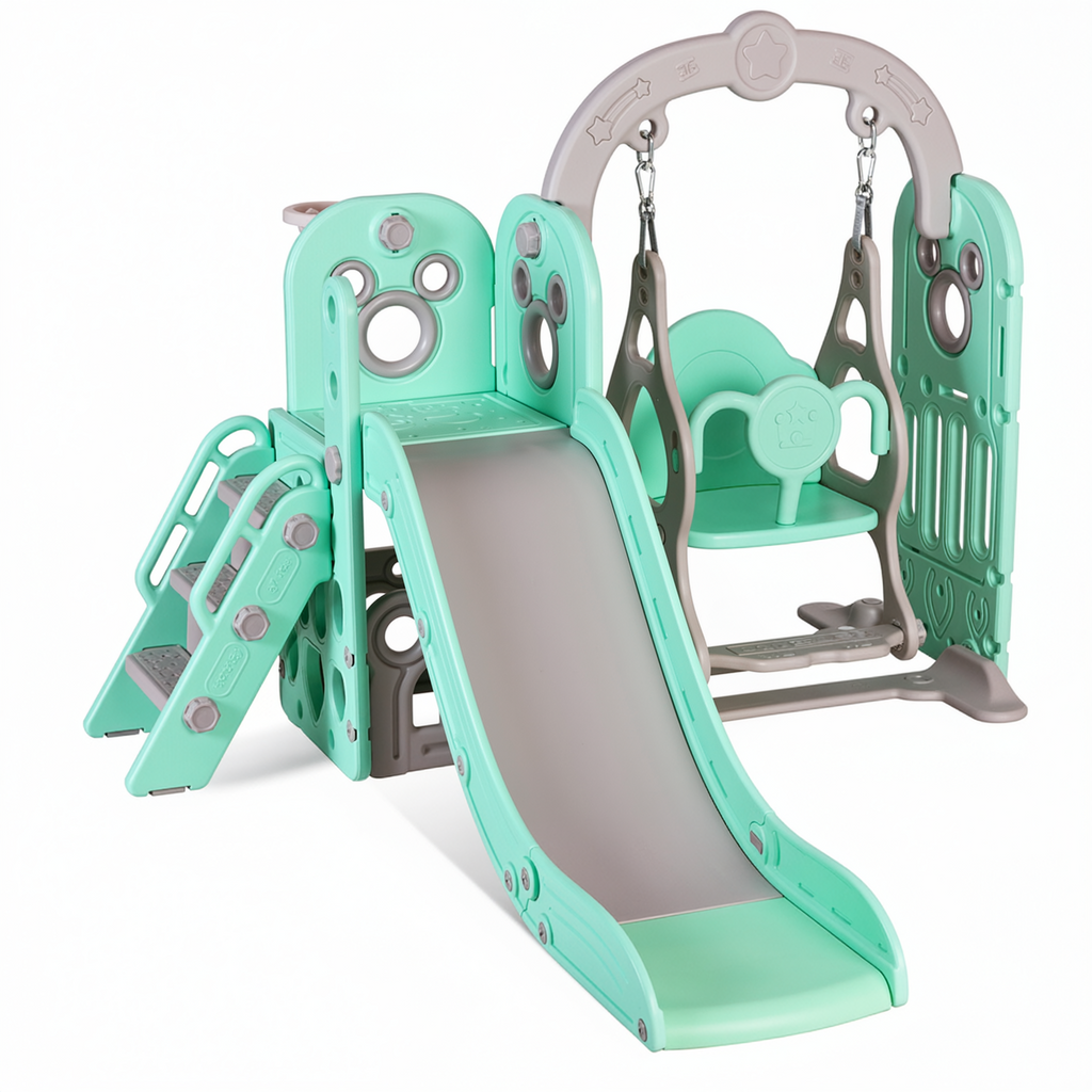 TLSUNNY 5-in-1 Kids Slide and Swing Set, Toddlers Slide & Climber with Basketball Hoop and Storage, for Indoor, Outdoor, Playground,Backyard