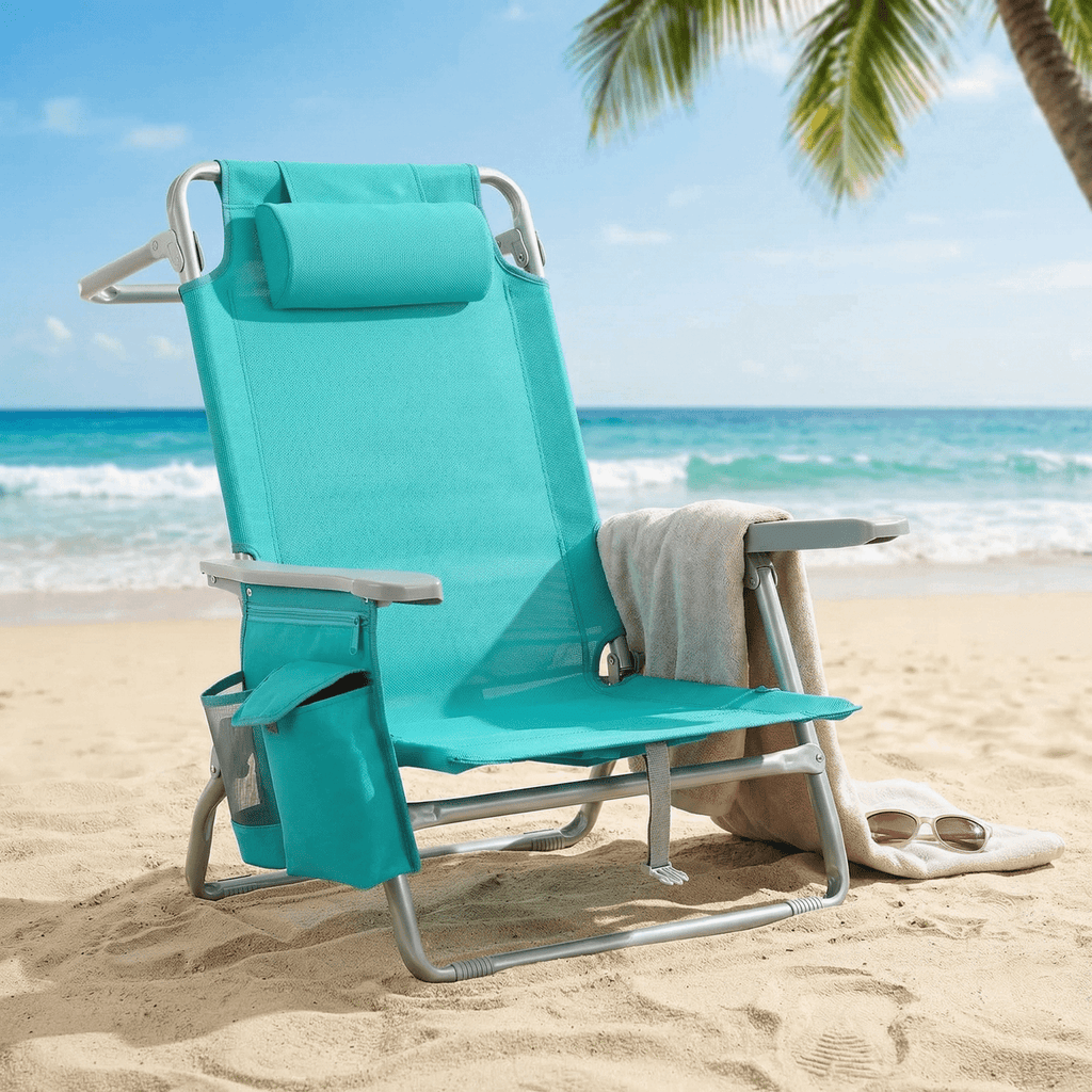 TLSUNNY Backpack Beach Chair Set of 1/2, Outdoor 5-Level Adjustable Folding Chair, w/ Cup Holder, Headrest, Storage Bag, Cooler Pouch, for Camping