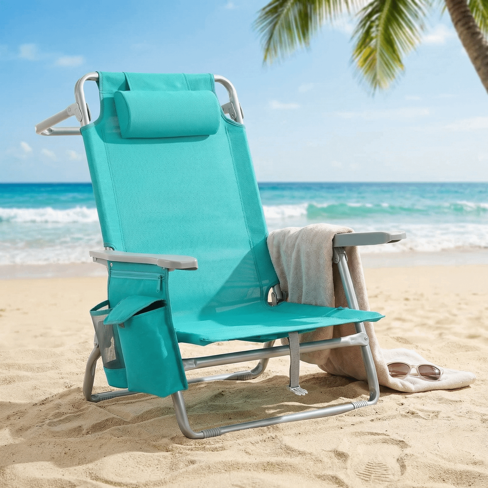 TLSUNNY Backpack Beach Chair Set of 1/2, Outdoor 5-Level Adjustable Folding Chair, w/ Cup Holder, Headrest, Storage Bag, Cooler Pouch, for Camping