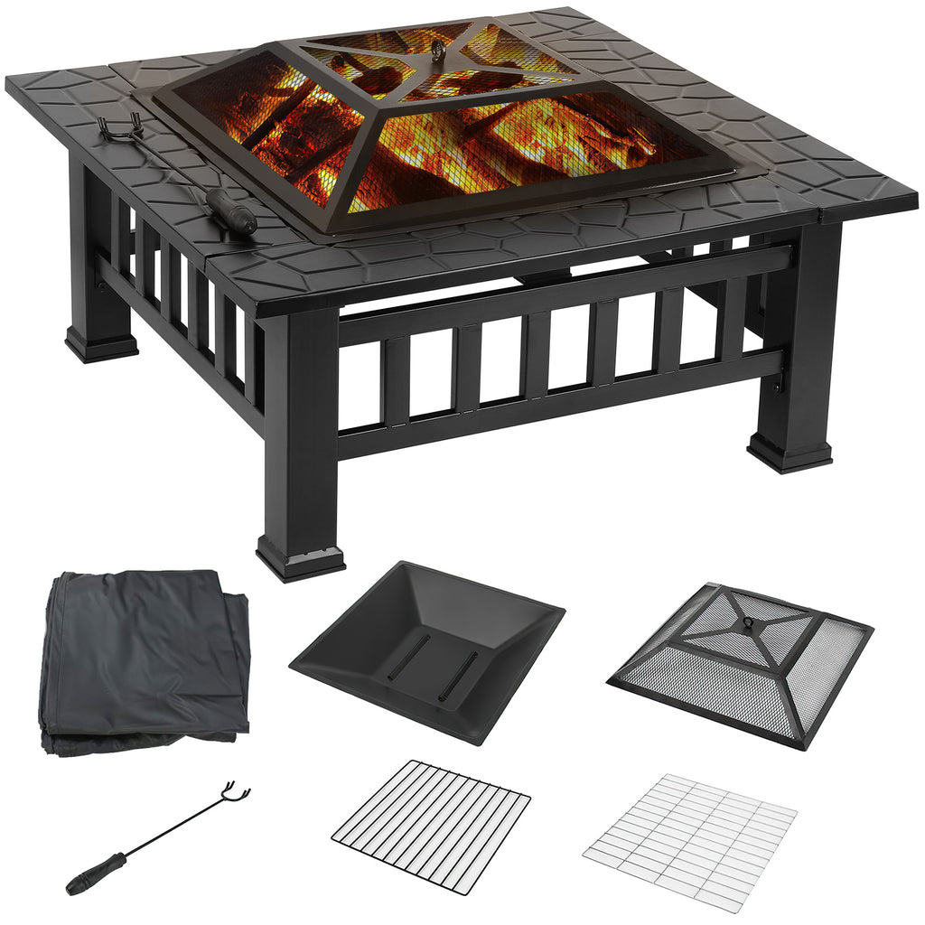 TLSUNNY 32'' Metal Fire Pits for Outside, Square Wood Burning Firepit Table, for Outdoor Patio Backyard Bonfire Party
