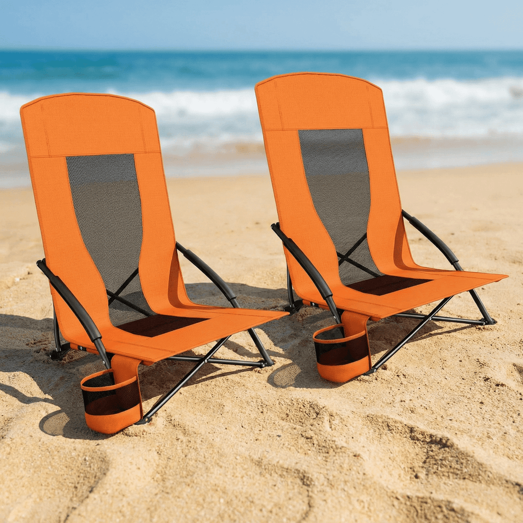 TLSUNNY Folding Backpack Beach Chair Set of 2 for Adults, Compact Lightweight Camping Chairs W/ Carry Bag Cup Holder, Outdoor Reclining Low-Profile Travel Chair, 350LBS