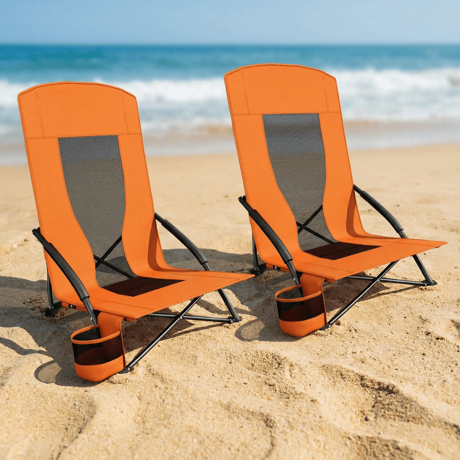 TLSUNNY Folding Backpack Beach Chair Set of 2 for Adults, Compact Lightweight Camping Chairs W/ Carry Bag Cup Holder, Outdoor Reclining Low-Profile Travel Chair, 350LBS