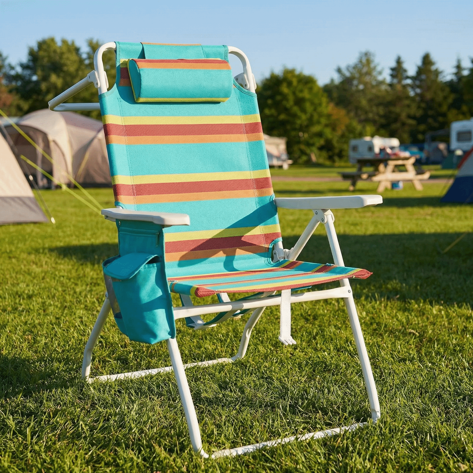 TLSUNNY Backpack Beach Chair Set of 1/2, Outdoor 5-Level Adjustable Folding Chair, w/ Cup Holder, Headrest, Storage Bag, Cooler Pouch, for Camping