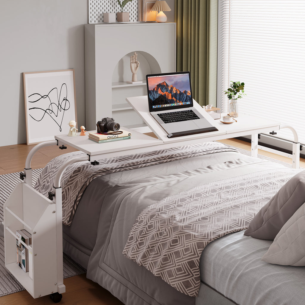 TLSUNNY Adjustable Overbed Table with Wheels, Height & Length Adjustable Laptop Cart w/ Tilt Stand, Side Storage Basket for King/Queen Beds