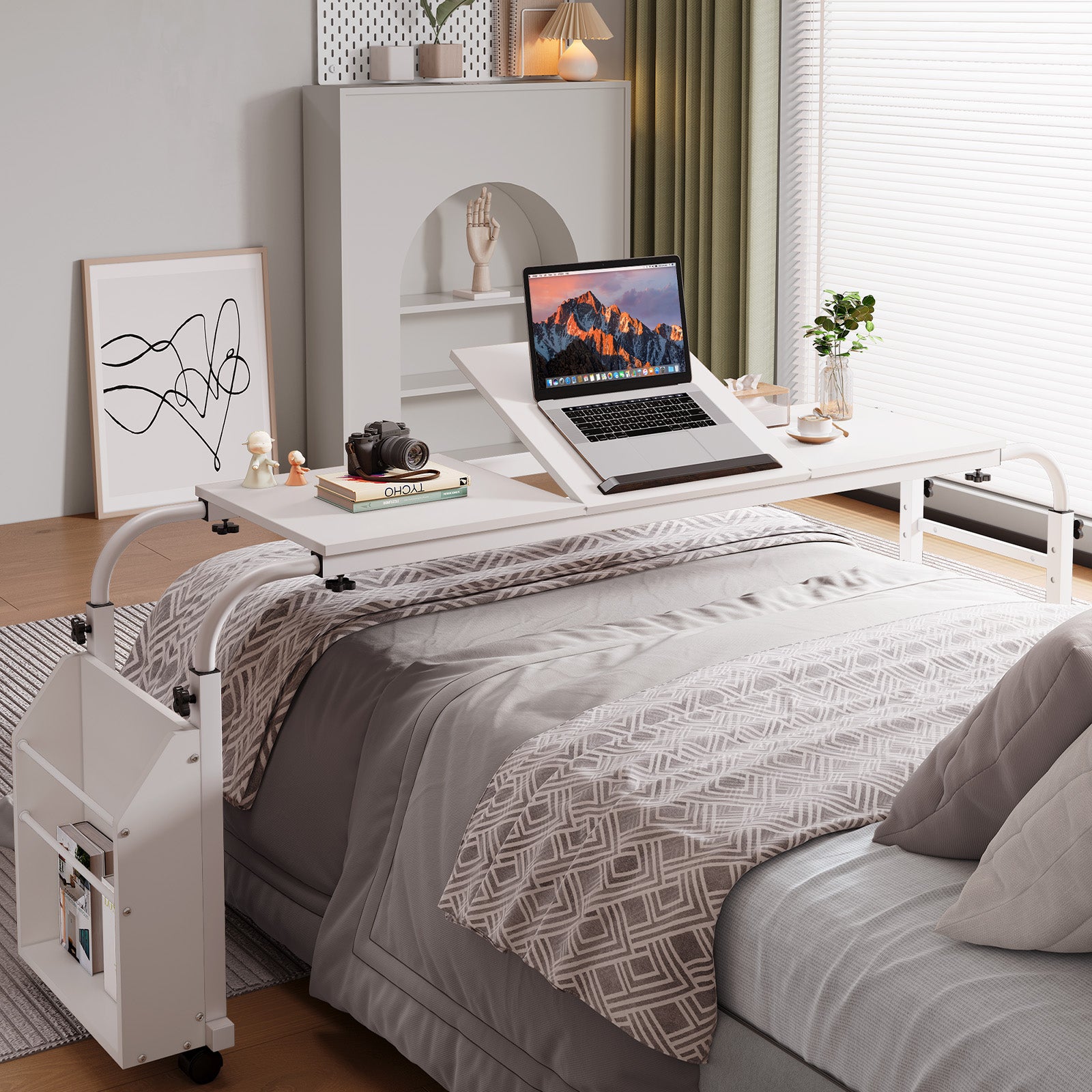 TLSUNNY Adjustable Overbed Table with Wheels, Height & Length Adjustable Laptop Cart w/ Tilt Stand, Side Storage Basket for King/Queen Beds