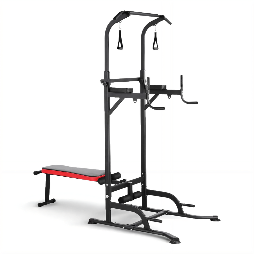 TLSUNNY Power Tower with Bench, Pull Up Bar Stand, w/ Dual Resistance Bands, Adjustable Pull Up Dip Station for Home Gym Workouts, 400lbs