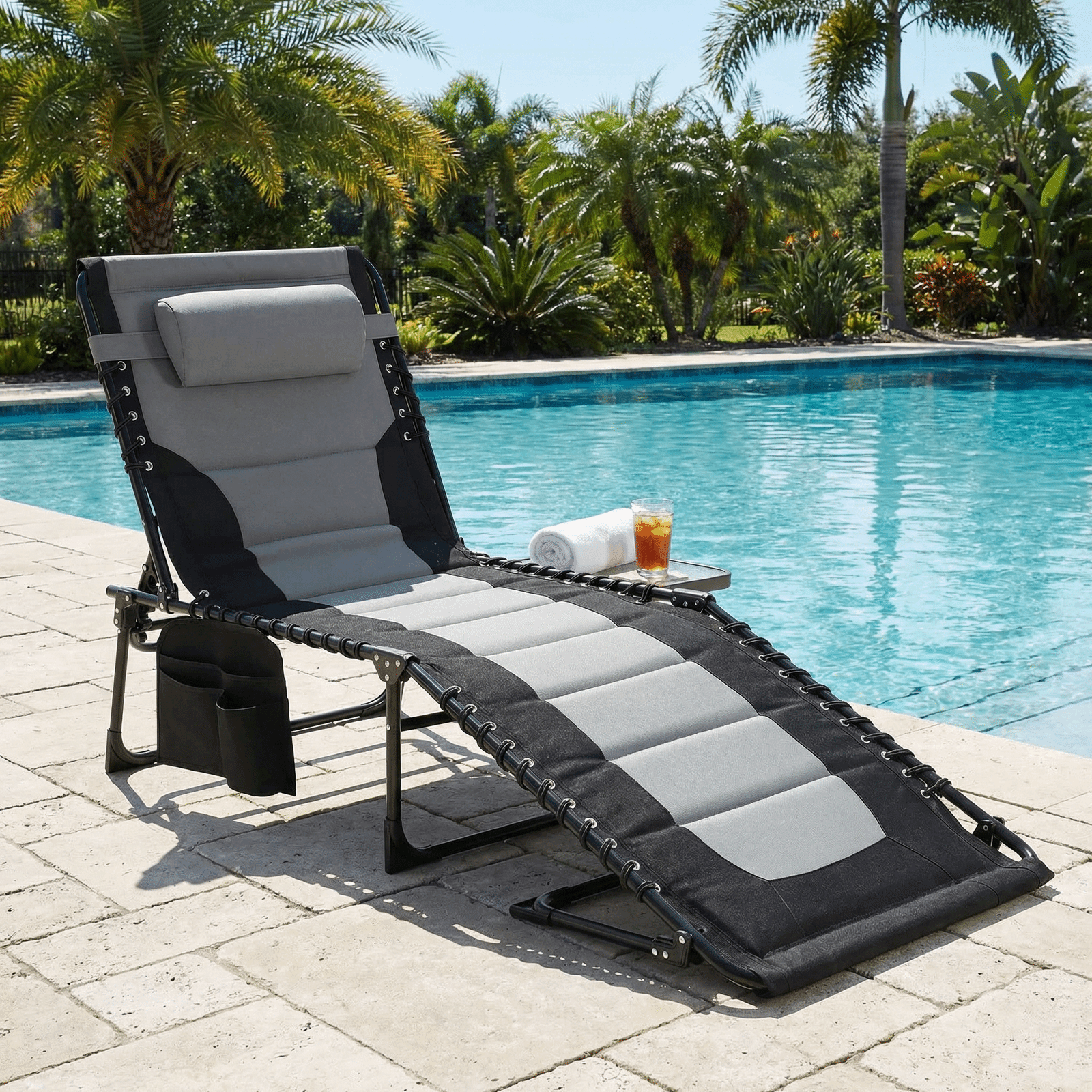 TLSUNNY Outdoor Folding Lounge Chair, Portable Adjustable Back & Leg Chaise Lounges with Pillow, Side Pocket, Carrying Handle, for Patio, Office