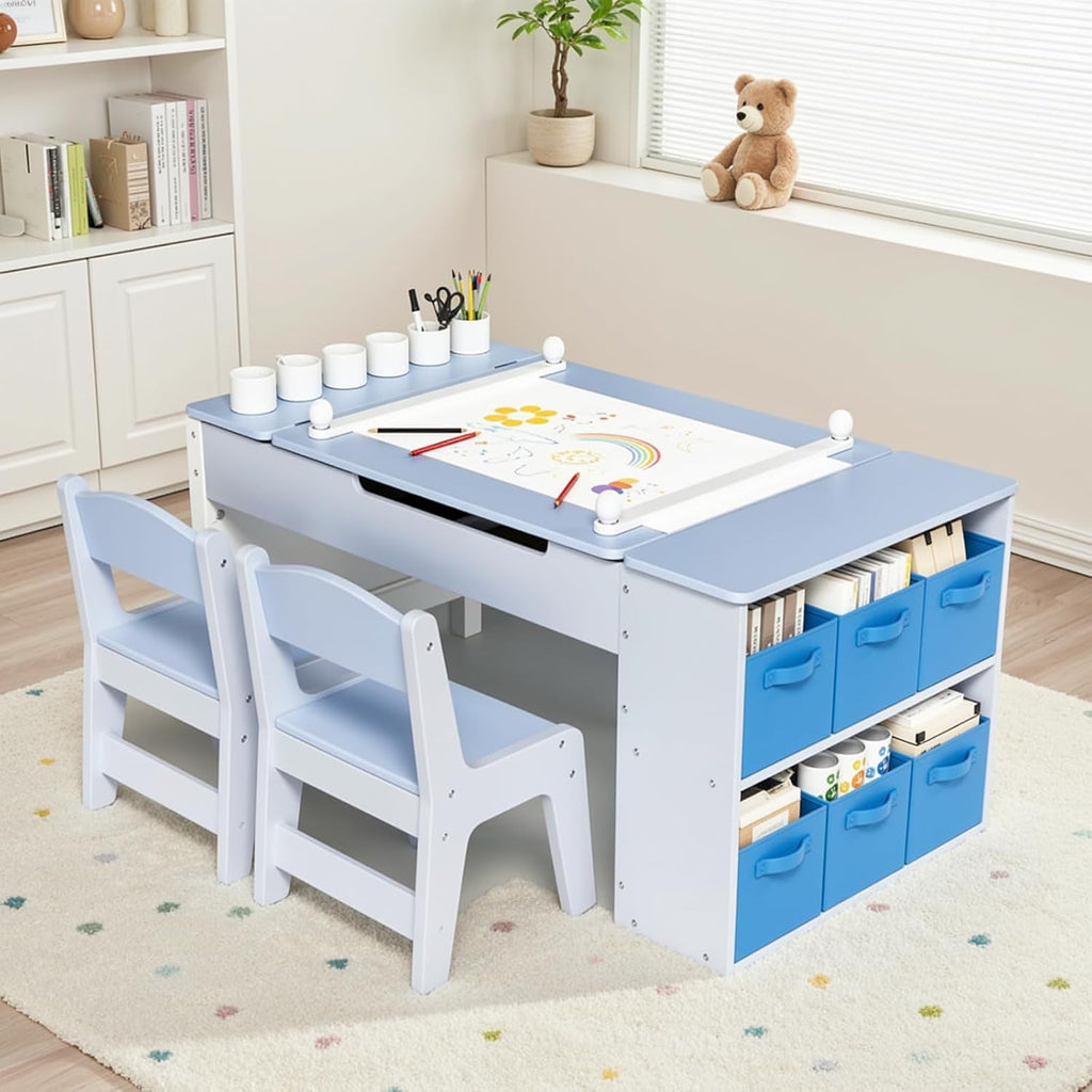 TLSUNNY Kids Art Table and 2 Chairs Set, Toddlers Craft Table Set with Storage Bins, Paint Cups and Paper Roll, Activity Table Set for Age 3+