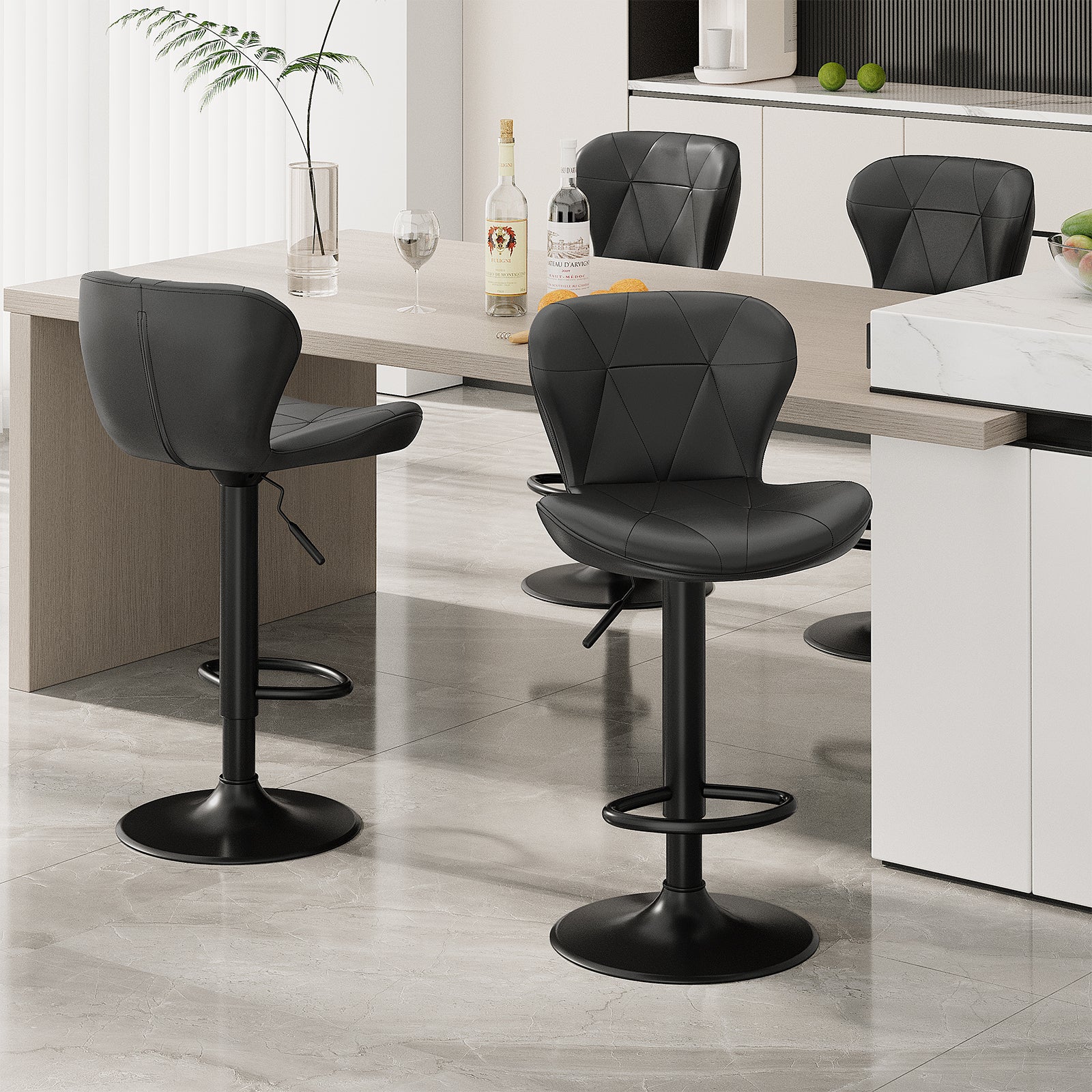 TLSUNNY Modern Upholstered Barstools Set of 2/4, Adjustable Height Counter Stools, PU Leather Swivel Barstools with Metal Frame, for Dining/Cafes