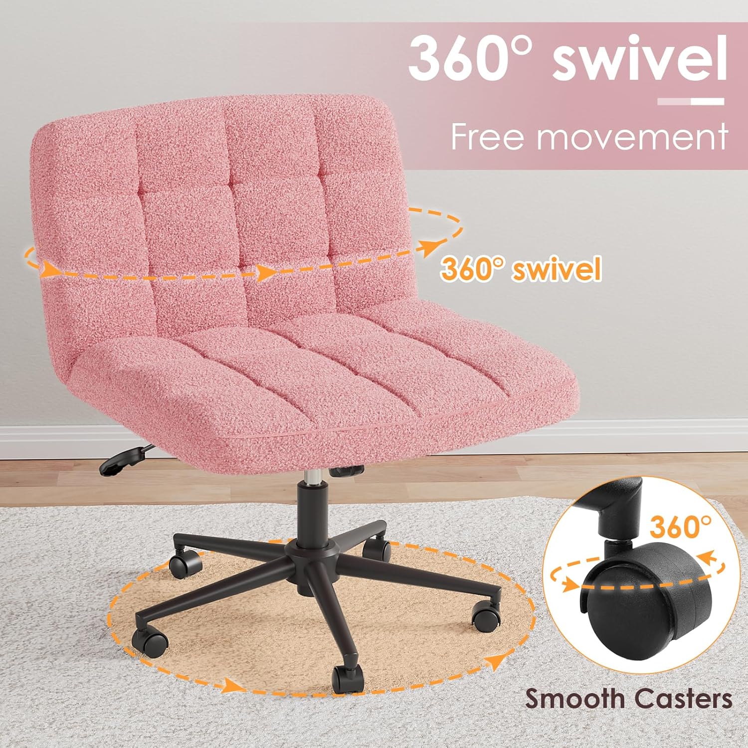 TLSUNNY 360° Swivel Height Adjustable Armless Chair, w/ Wheels and Comfy Wide Cushion, Criss Cross Office Chair, for Home/Bedroom