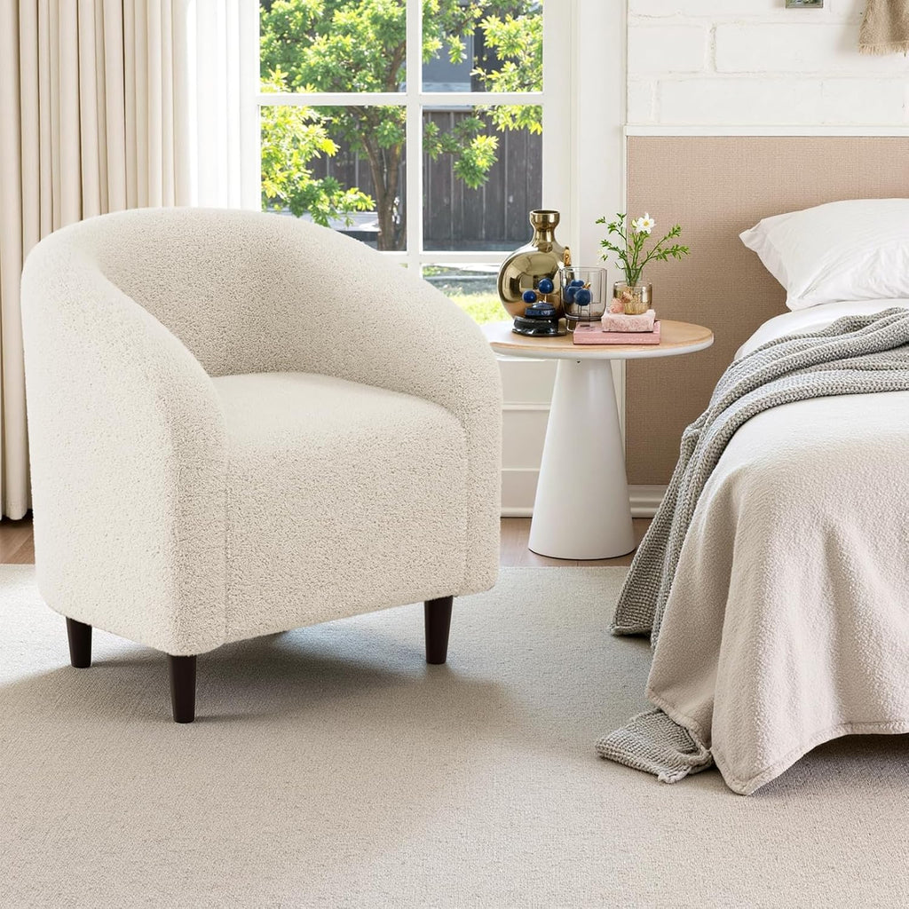 TLSUNNY Upholstered Club Chair Accent Barrel Chair, Teddy Fabric Upholstered Armchair with Side Pocket for Living Room/Bedroom